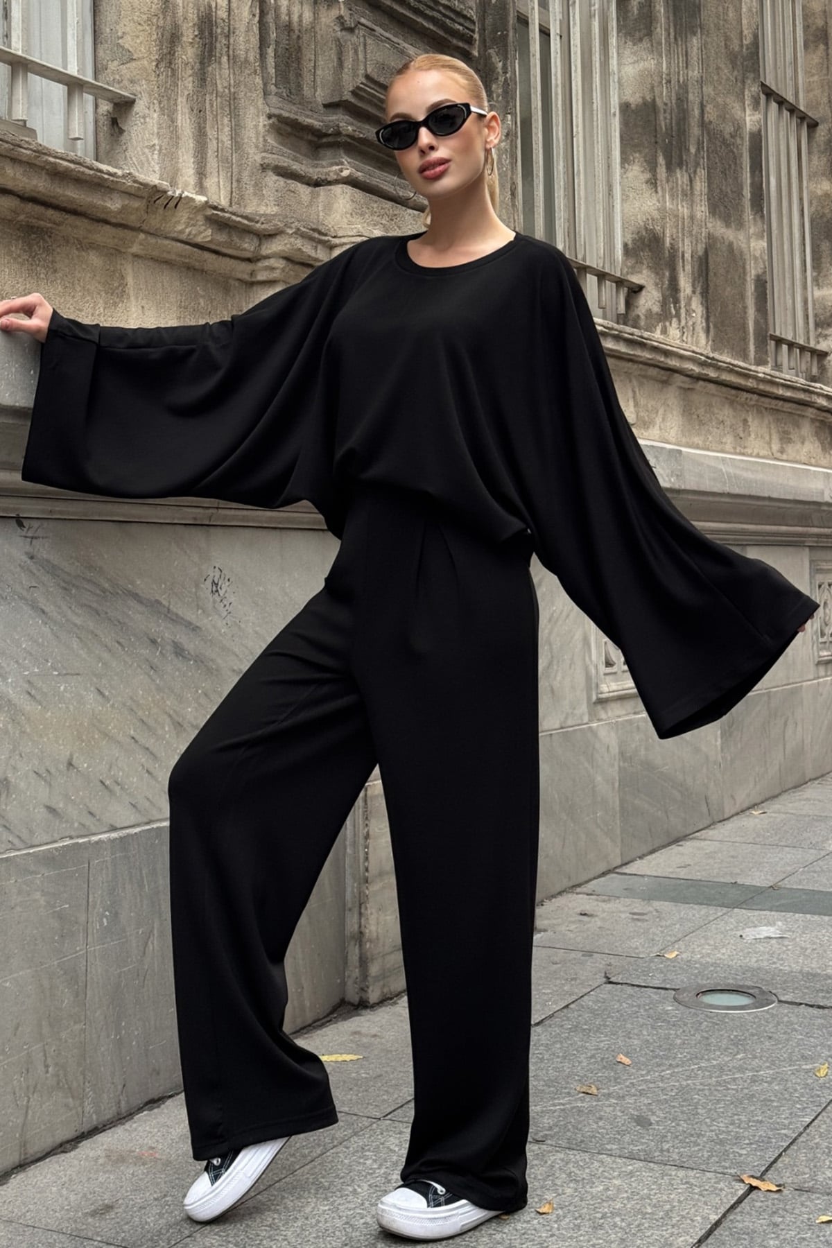 Kadın SİYAH Geniş Kol Detaylı Oversize İkili Takım VS01583