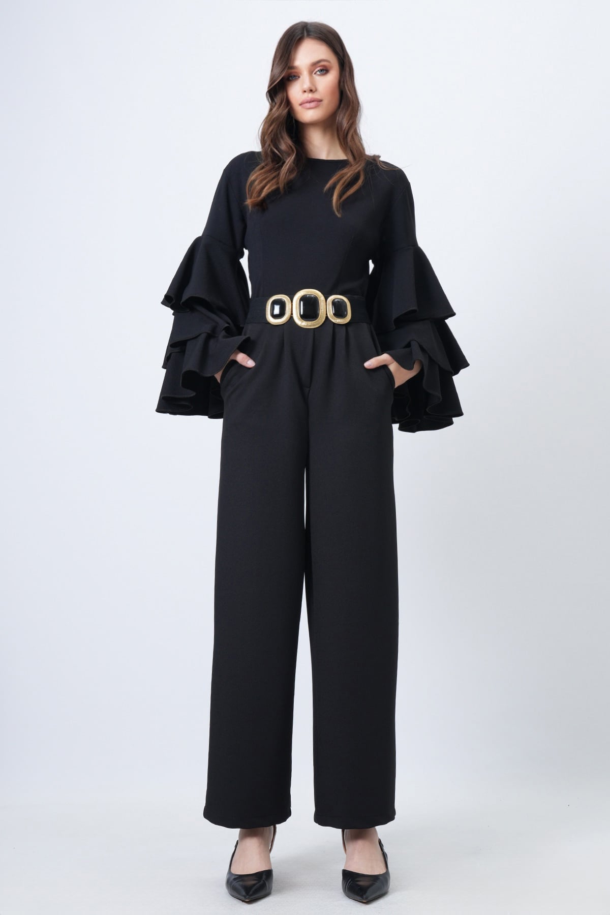 Kadın Siyah Geniş Paça Yüksek Bel Pileli Palazzo Pantolon Alc-X14713