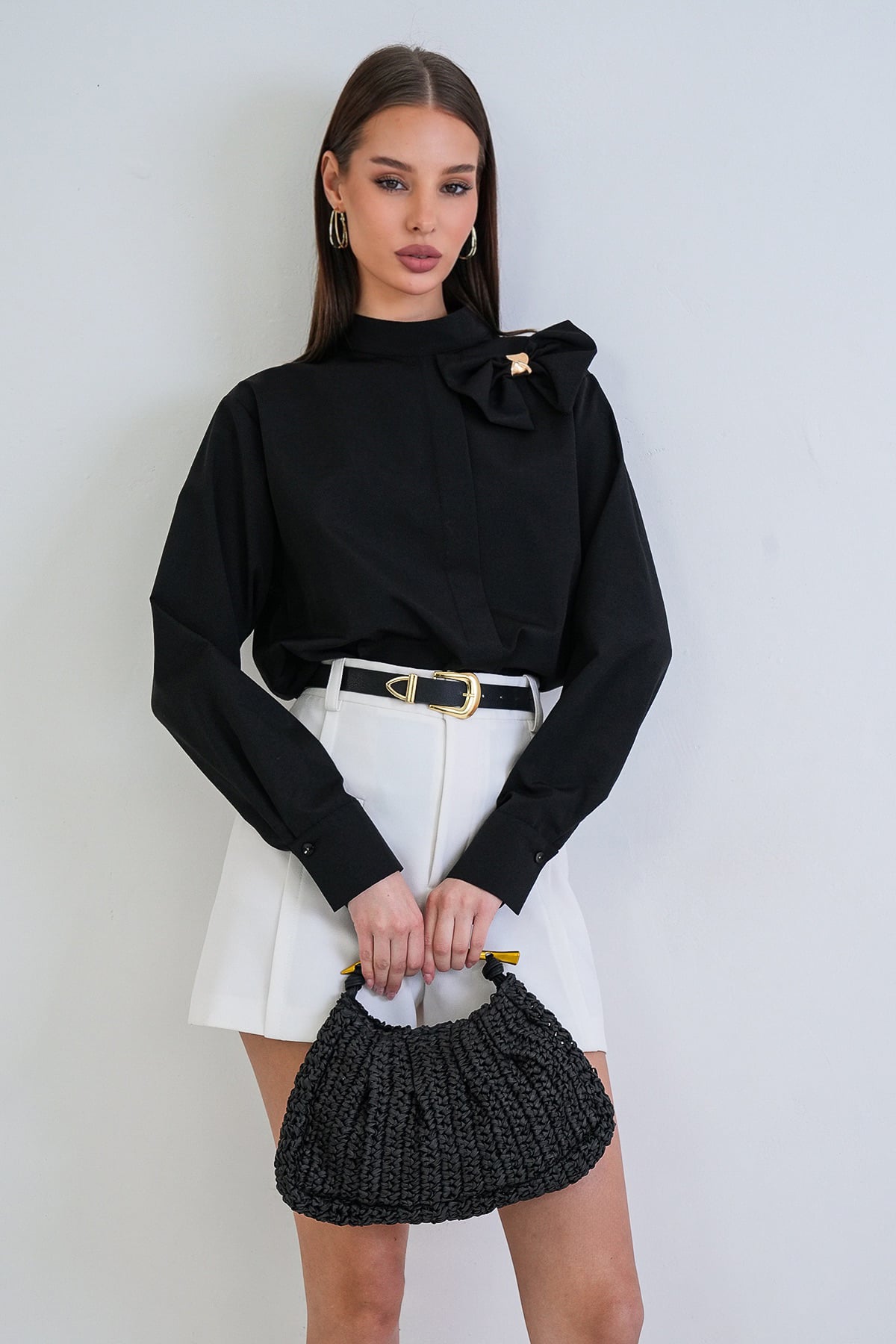 Kadın Siyah Gold Aksesuarlı Hasır Örgü Çanta Alc-X15394