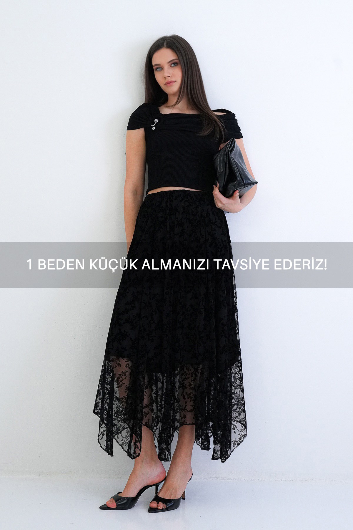 Kadın Siyah İçi Astarlı  Maxi Boy Dantel Etek Alc-X15309