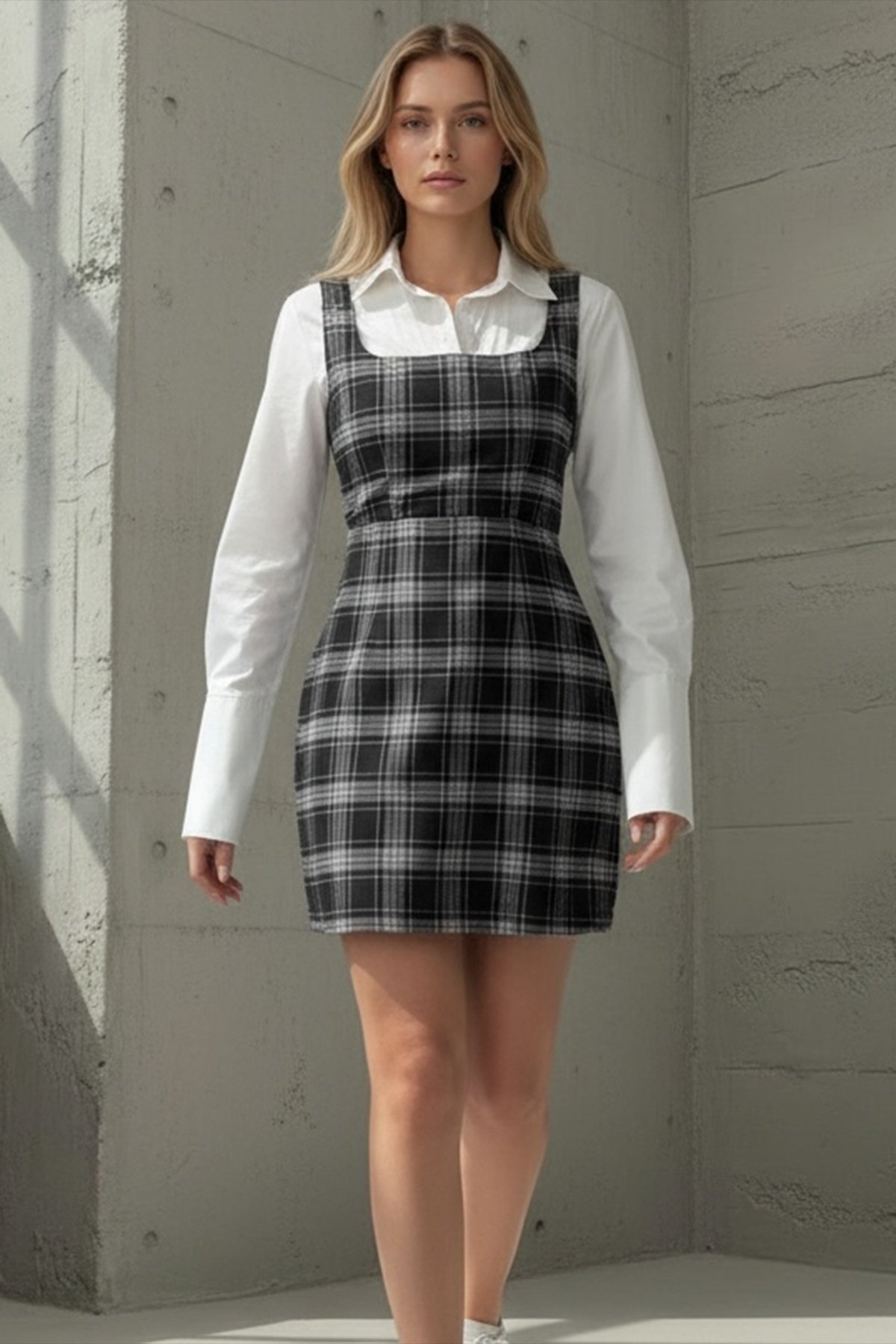 Kadın Siyah Kare Yaka Ekose Desenli Dokuma Mini Jile Elbise Alc-X15311