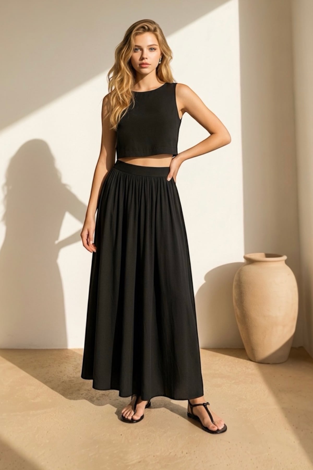 Kadın Siyah Kayık Yaka Kolsuz Keten Crop Bluz Ve Maxi Boy Etek Takım Alc-X15420