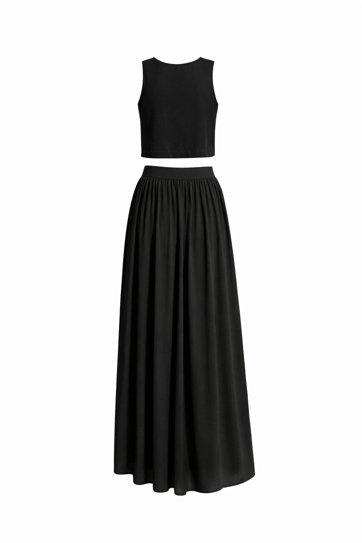 Kadın Siyah Kayık Yaka Kolsuz Keten Crop Bluz Ve Maxi Boy Etek Takım Alc-X15420