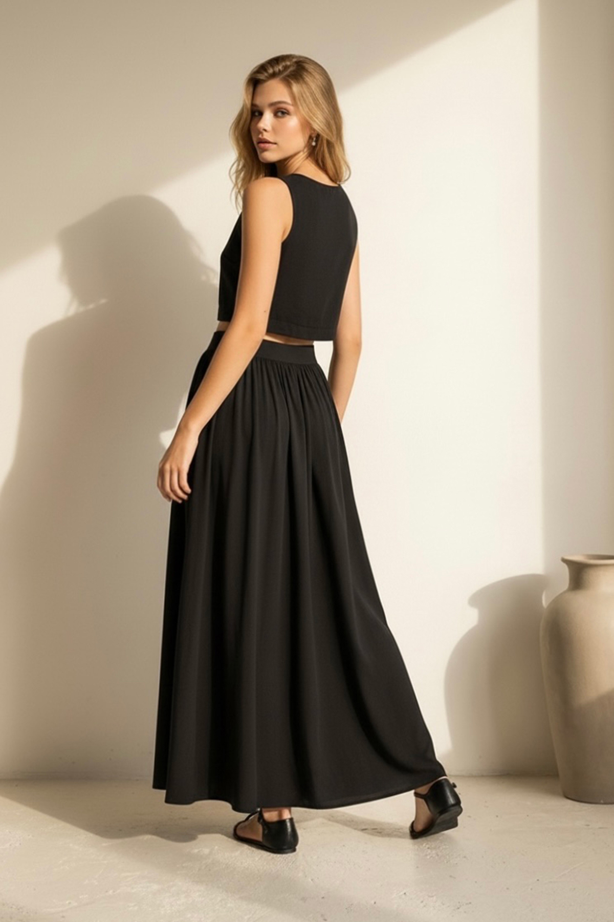 Kadın Siyah Kayık Yaka Kolsuz Keten Crop Bluz Ve Maxi Boy Etek Takım Alc-X15420