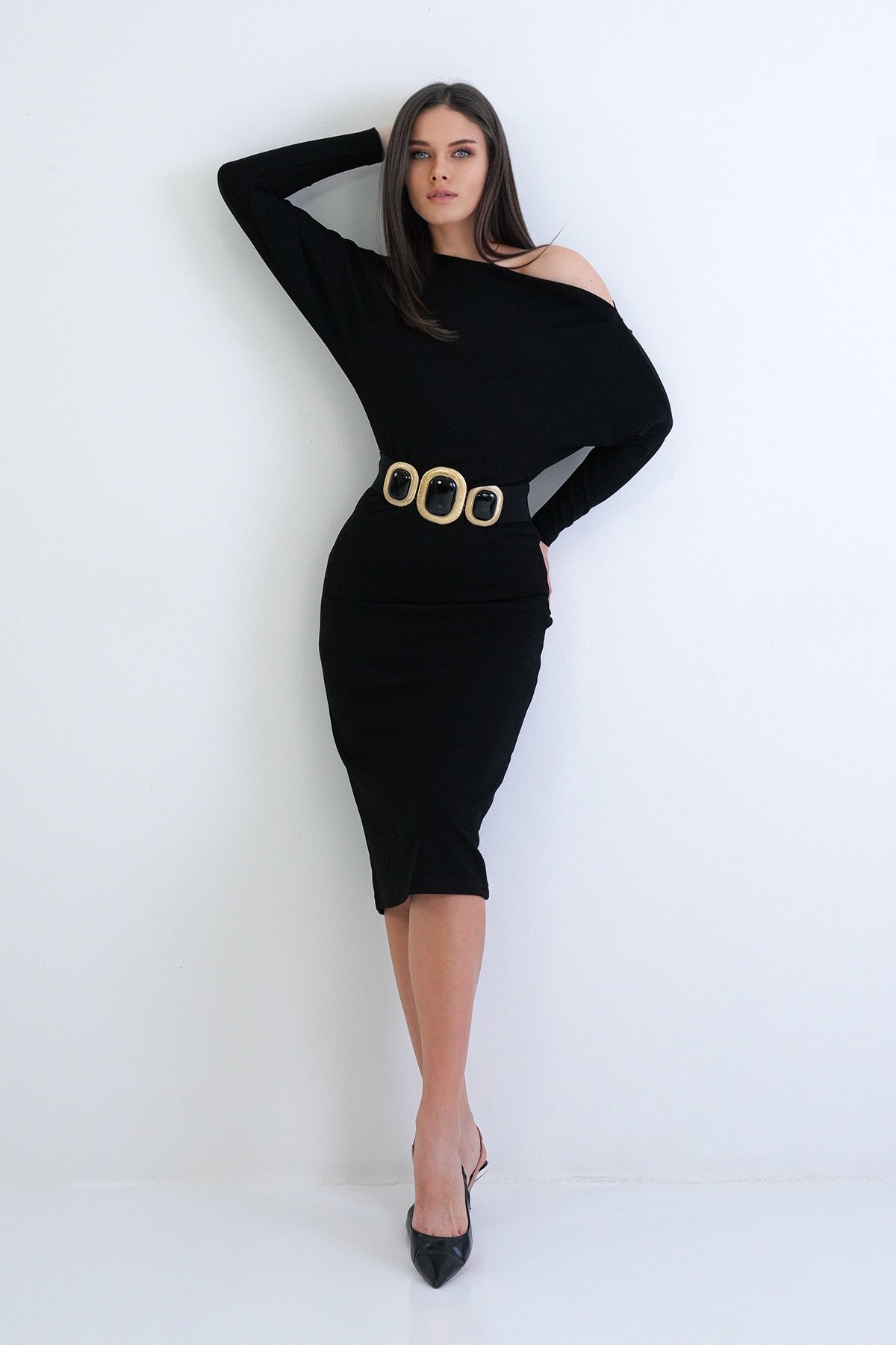 Kadın Siyah Kayık Yaka Yarasa Kol Beli Lastikli Örme Elbise Alc-X15259