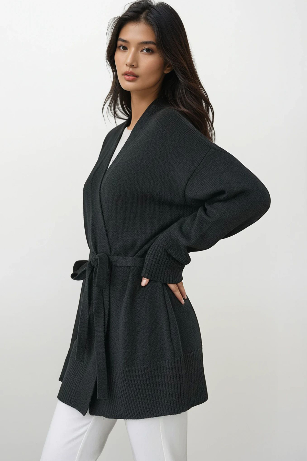 Kadın Siyah Kuşak Bağlamalı Uzun Triko Hırka Alc-X14900