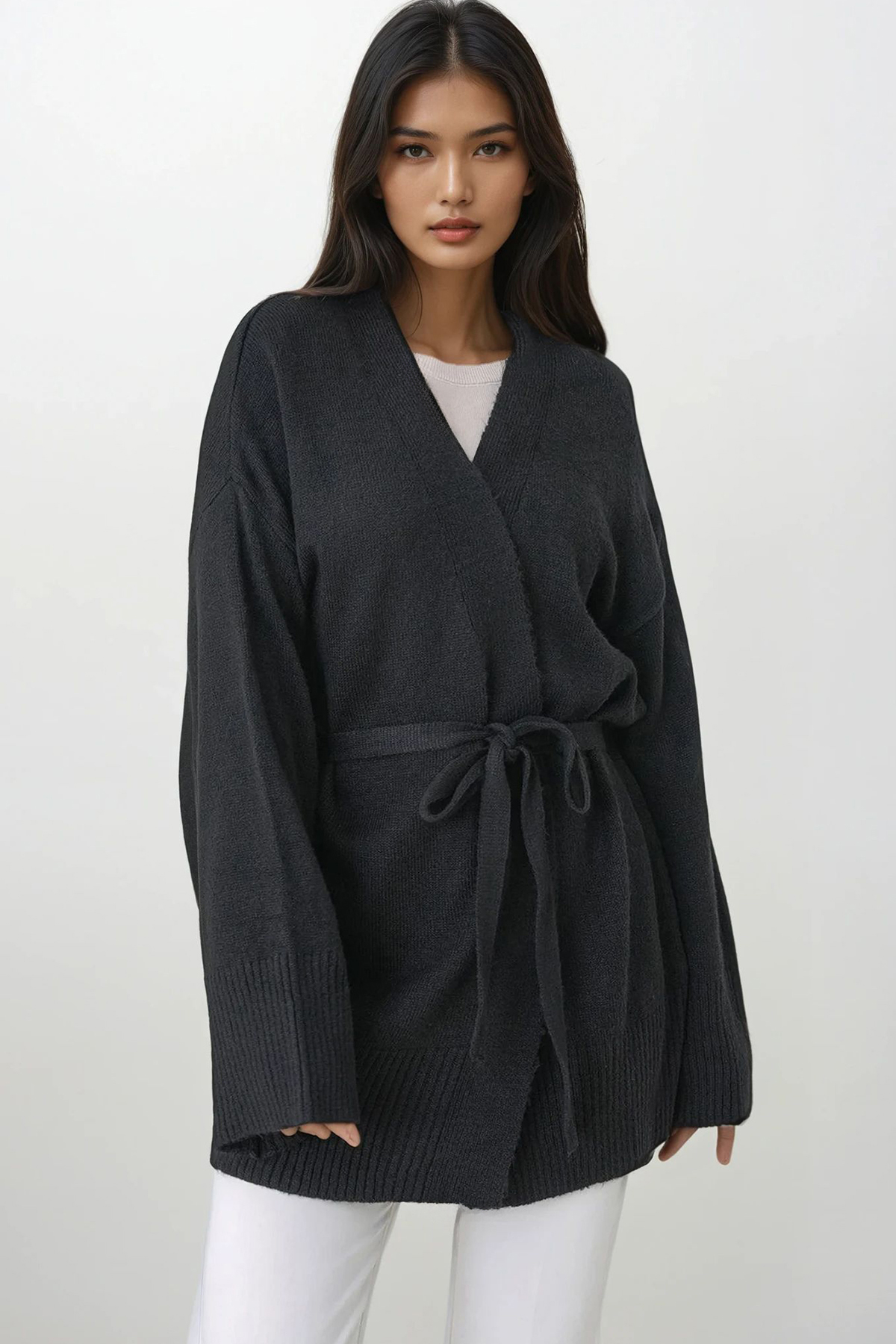 Kadın Siyah Kuşak Bağlamalı Uzun Triko Hırka Alc-X14900