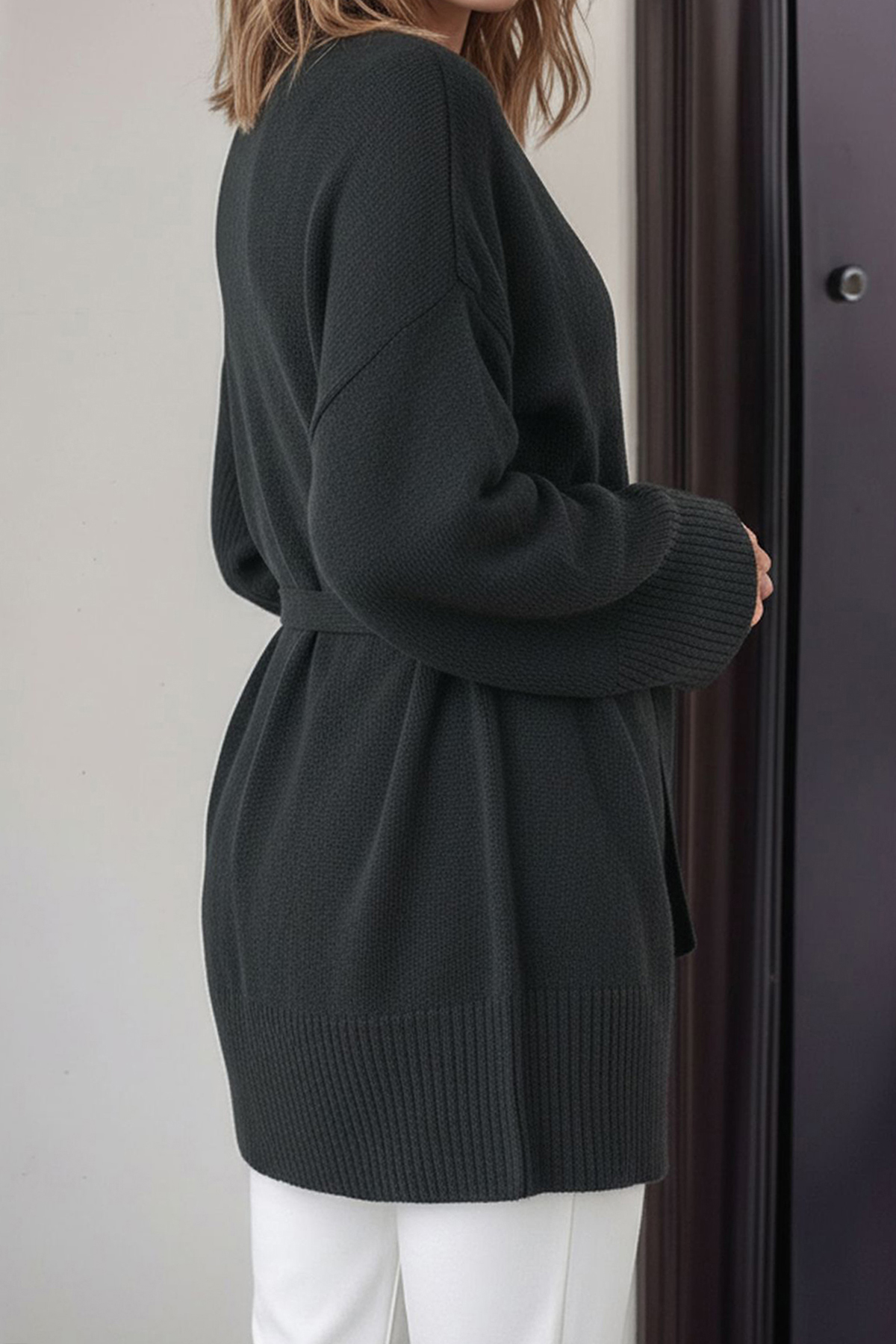 Kadın Siyah Kuşak Bağlamalı Uzun Triko Hırka Alc-X14900