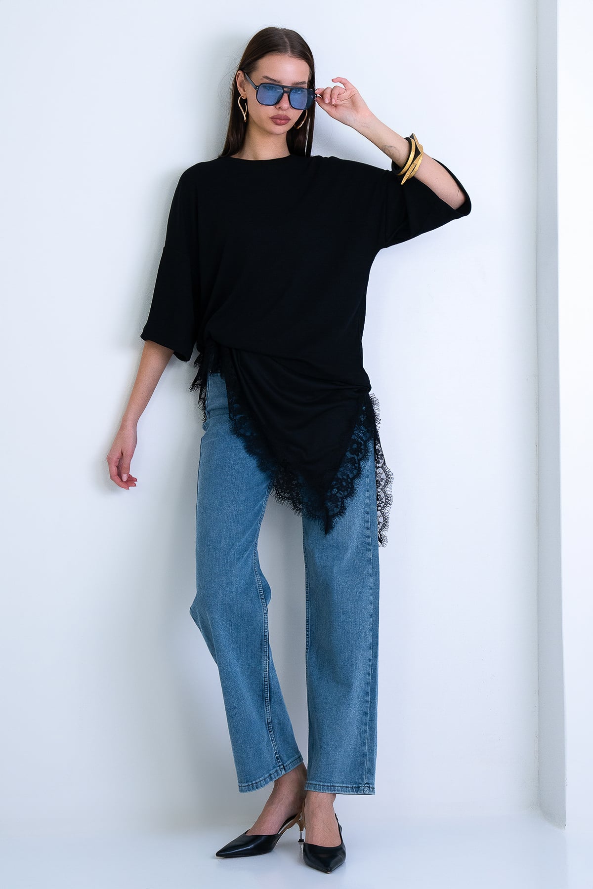 Kadın Siyah Oversize Dantelli Kombine T-Shırt Alc-X15239