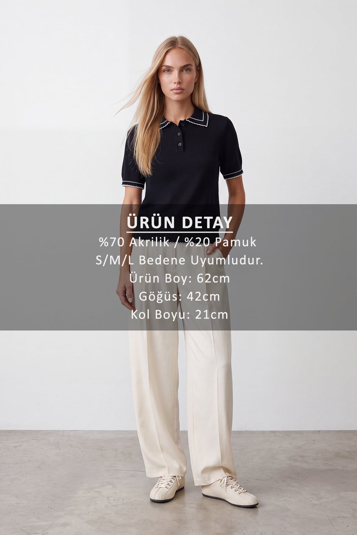 Kadın Siyah Polo Yaka Düğmeli  Triko Bluz Alc-X15771