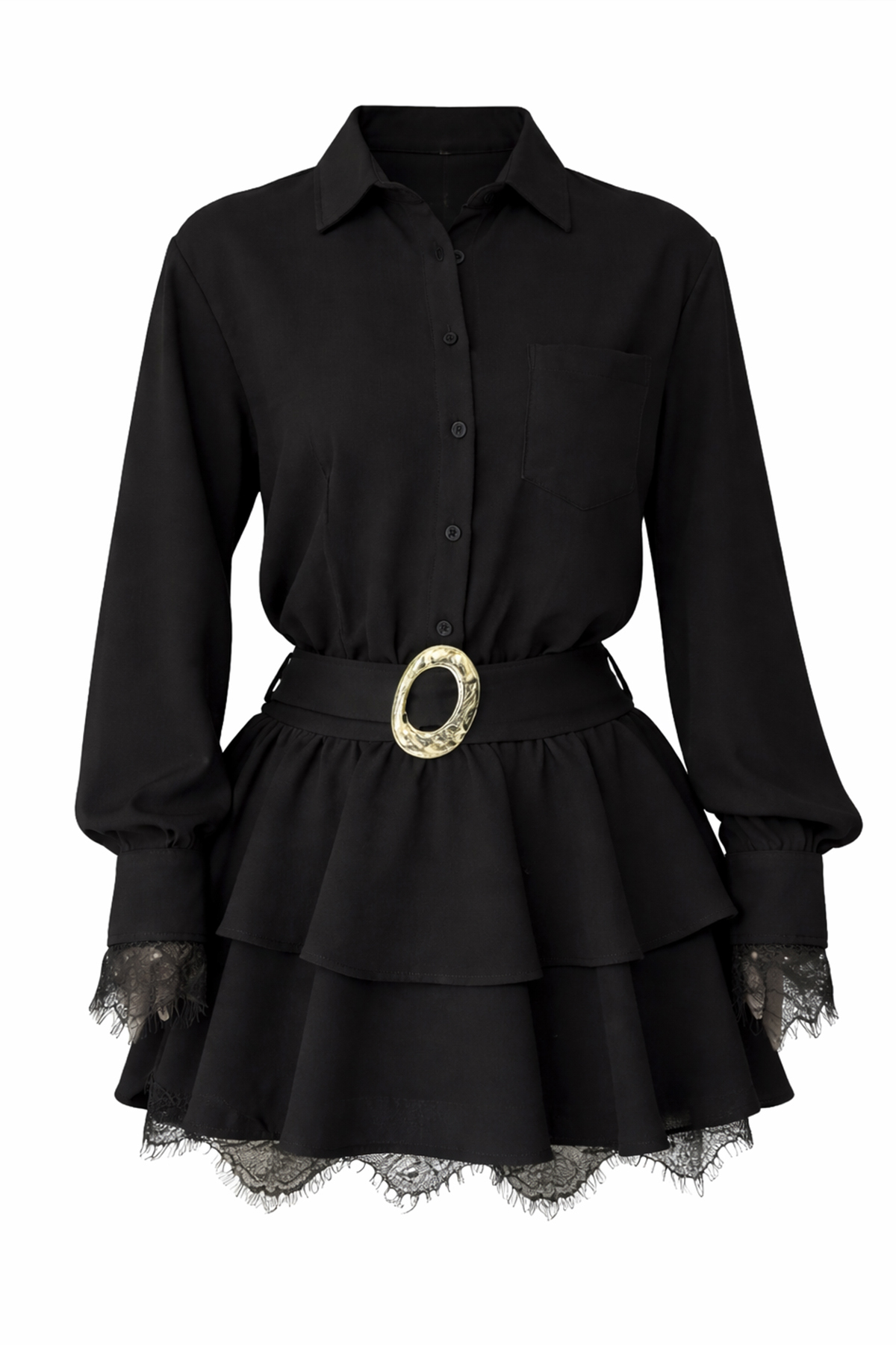 Kadın Siyah Tek Cepli Eteği Kat Kat Dantel Detaylı Kemerli Gömlek Elbise Alc-X15227