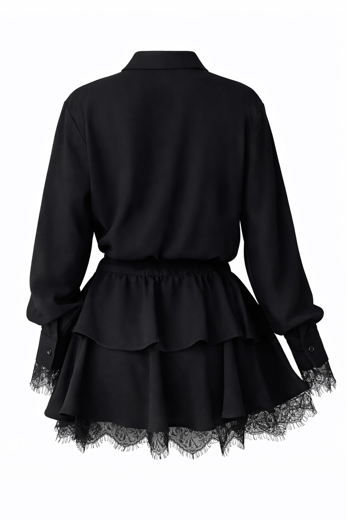 Kadın Siyah Tek Cepli Eteği Kat Kat Dantel Detaylı Kemerli Gömlek Elbise Alc-X15227