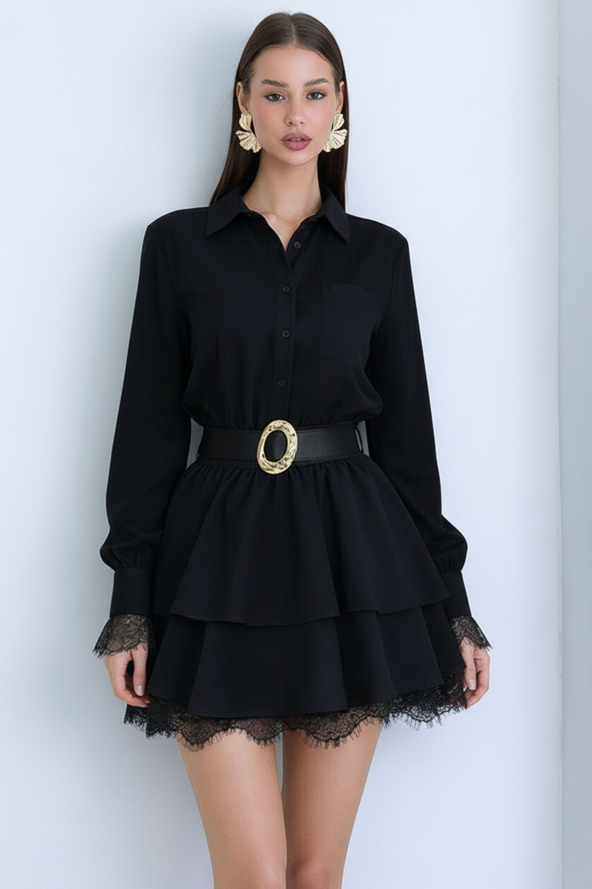 Kadın Siyah Tek Cepli Eteği Kat Kat Dantel Detaylı Kemerli Gömlek Elbise Alc-X15227