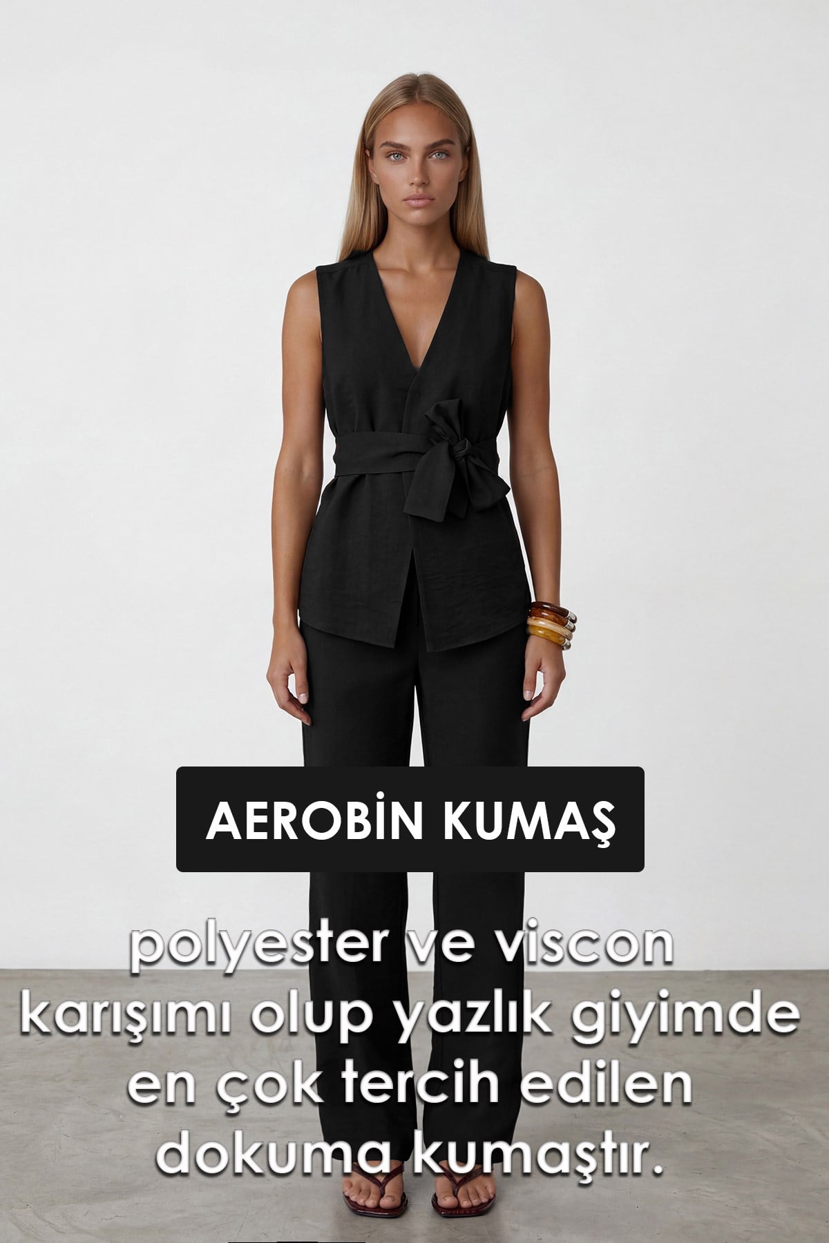 Kadın Siyah V Yaka Belden Bağlamalı Aerobin Dokuma Takım Alc-X15469