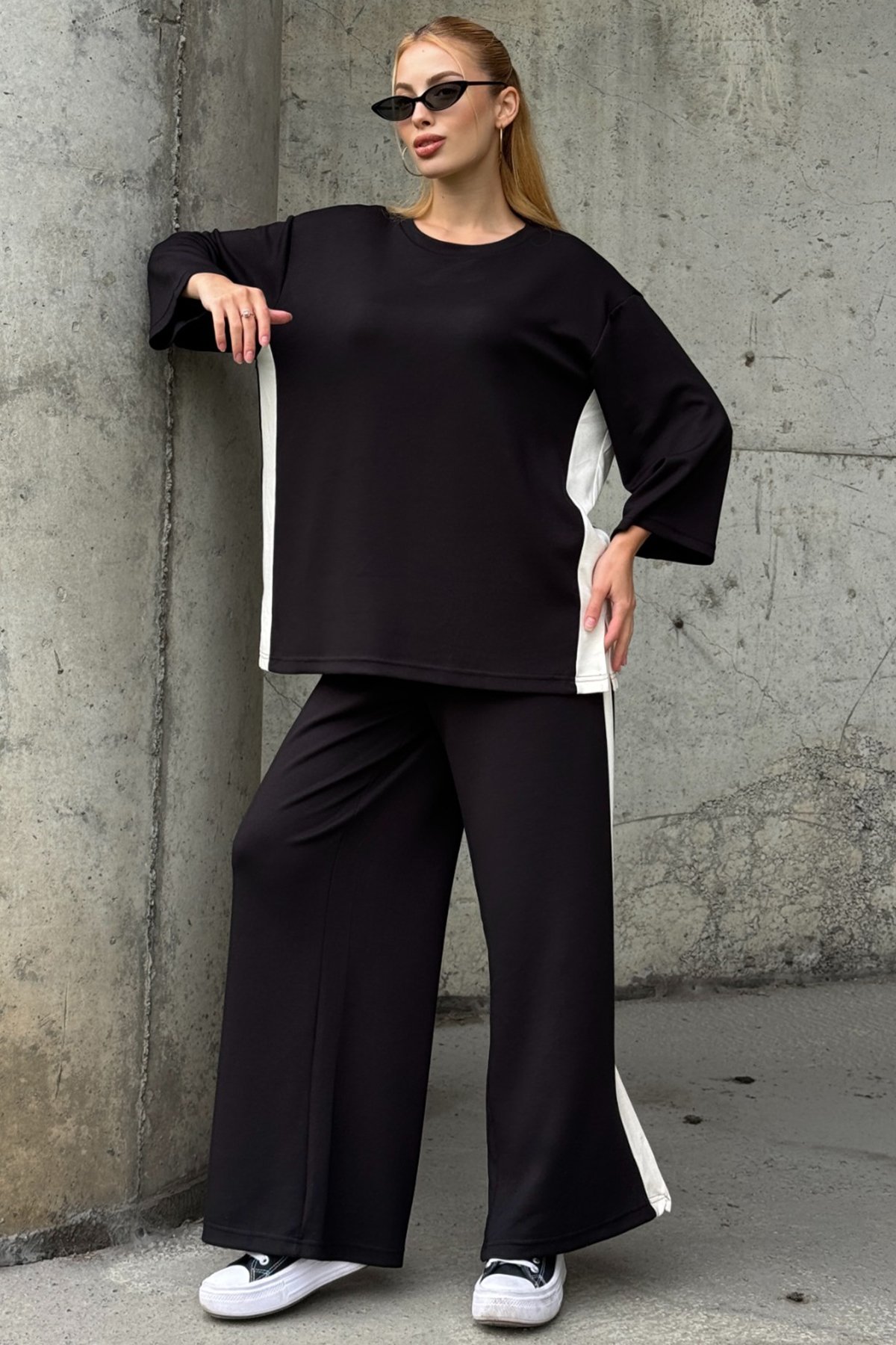 Kadın SİYAH Yan Şerit Detaylı Oversize İkili Takım VS01580