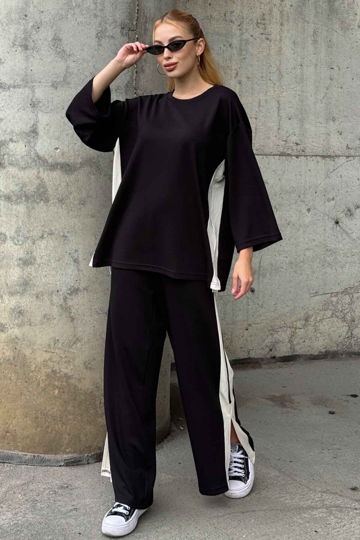 Kadın SİYAH Yan Şerit Detaylı Oversize İkili Takım VS01580