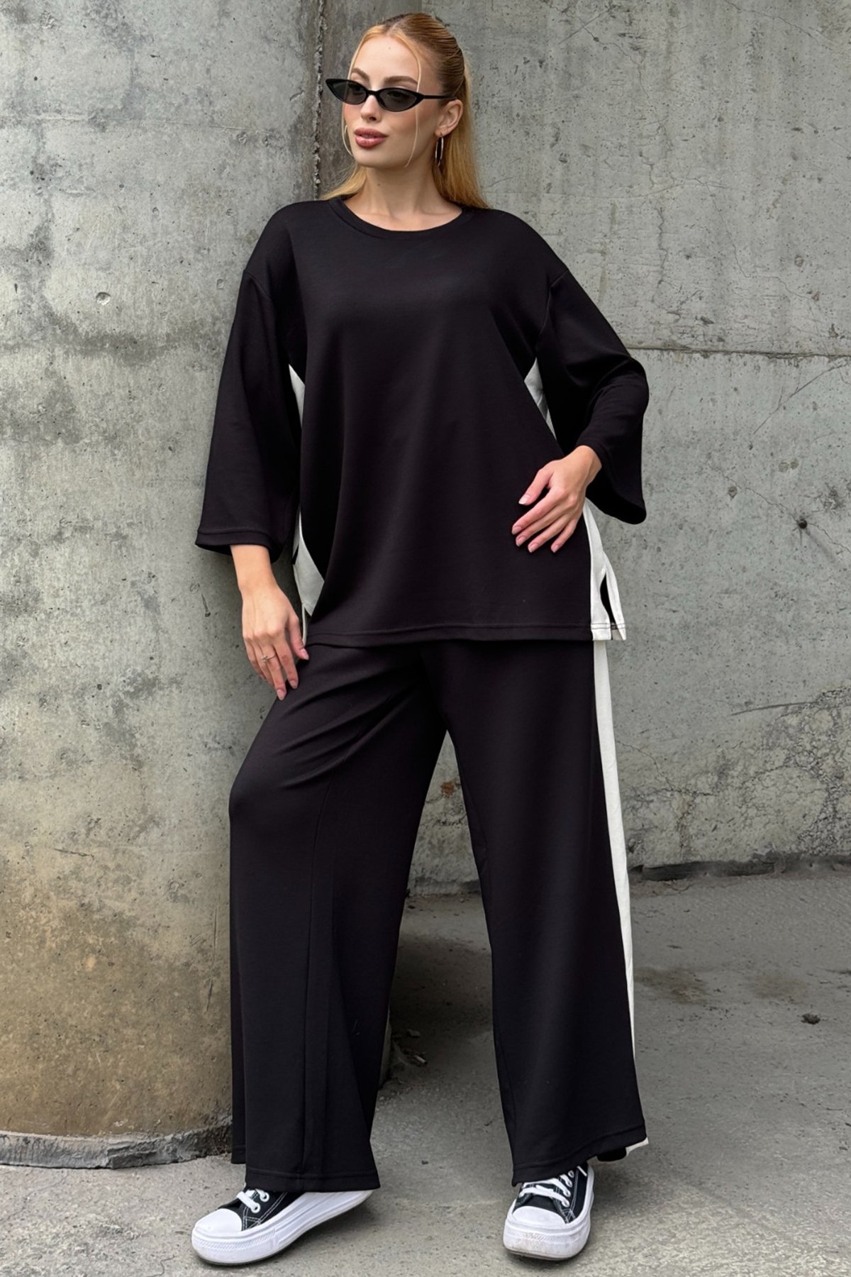 Kadın SİYAH Yan Şerit Detaylı Oversize İkili Takım VS01580