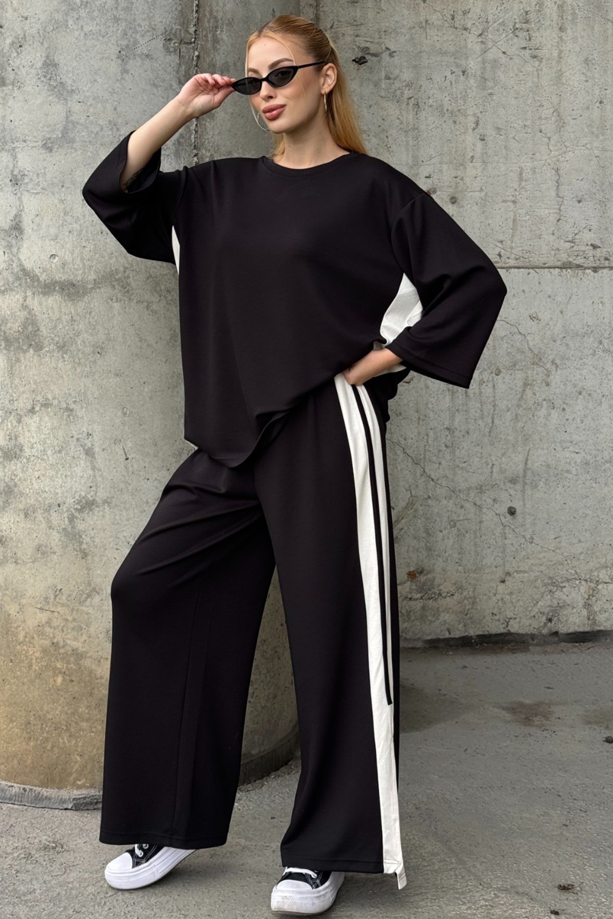Kadın SİYAH Yan Şerit Detaylı Oversize İkili Takım VS01580