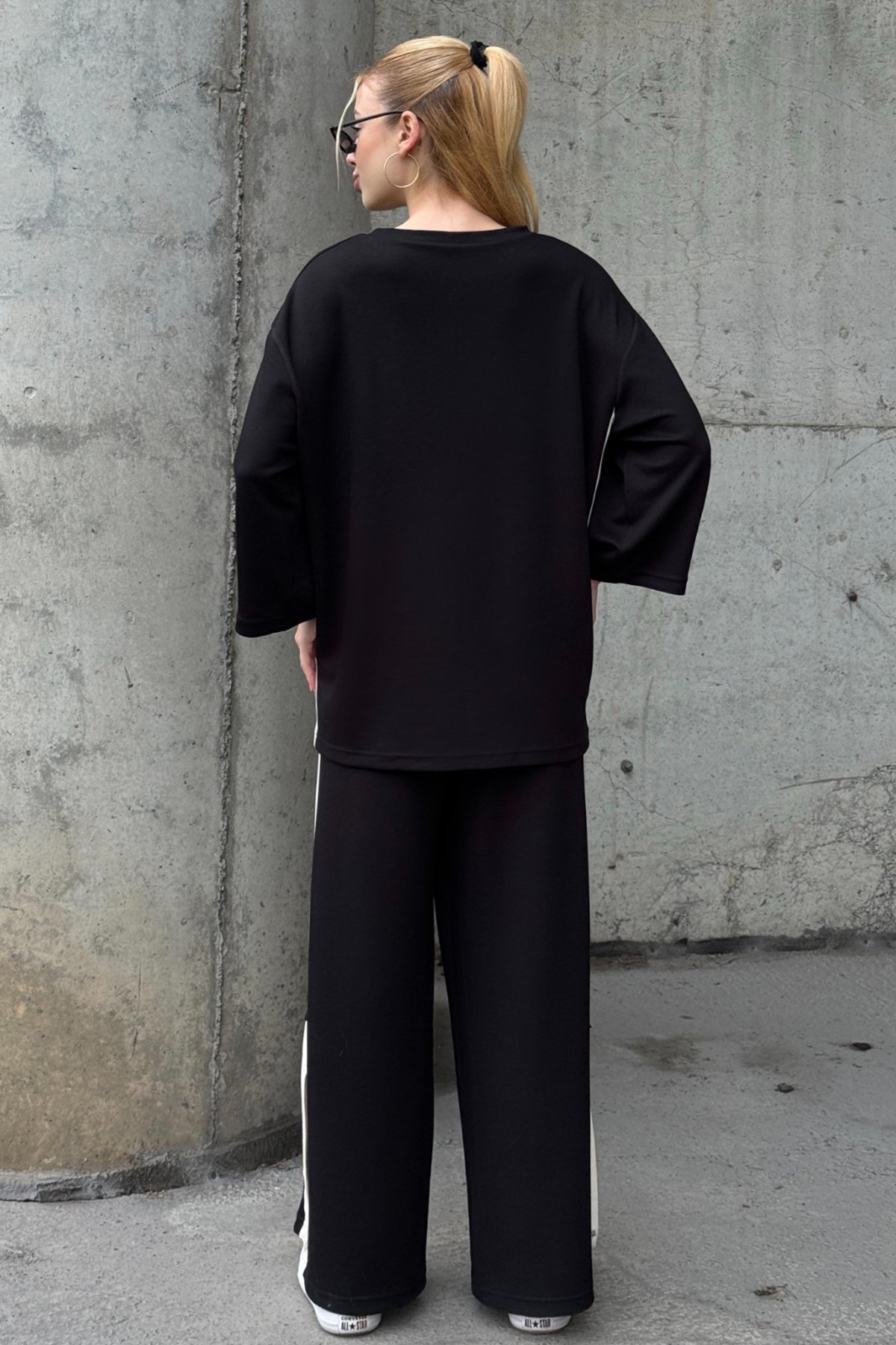 Kadın SİYAH Yan Şerit Detaylı Oversize İkili Takım VS01580