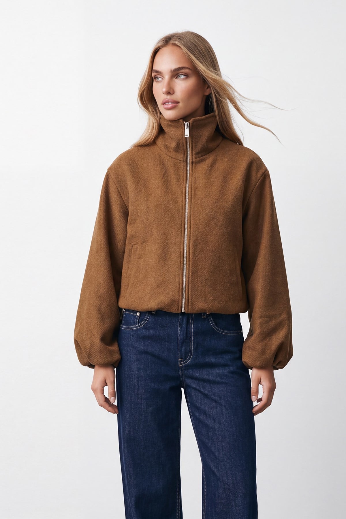 Kadın Tarçın Dik Yaka Fermuarlı  İçi Astarlı Çift Çepli Oversize Kaşe Mont Alc-X15871