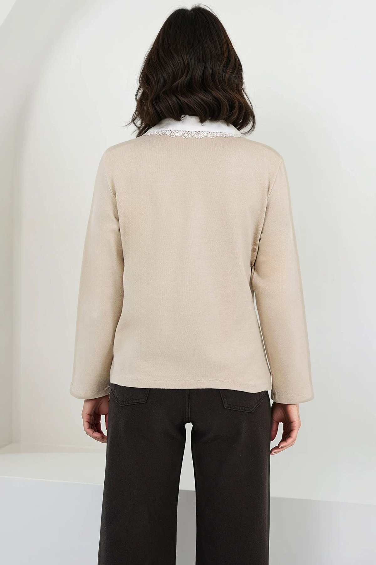 Kadın Taş Dantelli Gömlek Yaka Nakışlı Triko Hırka Alc-X14844