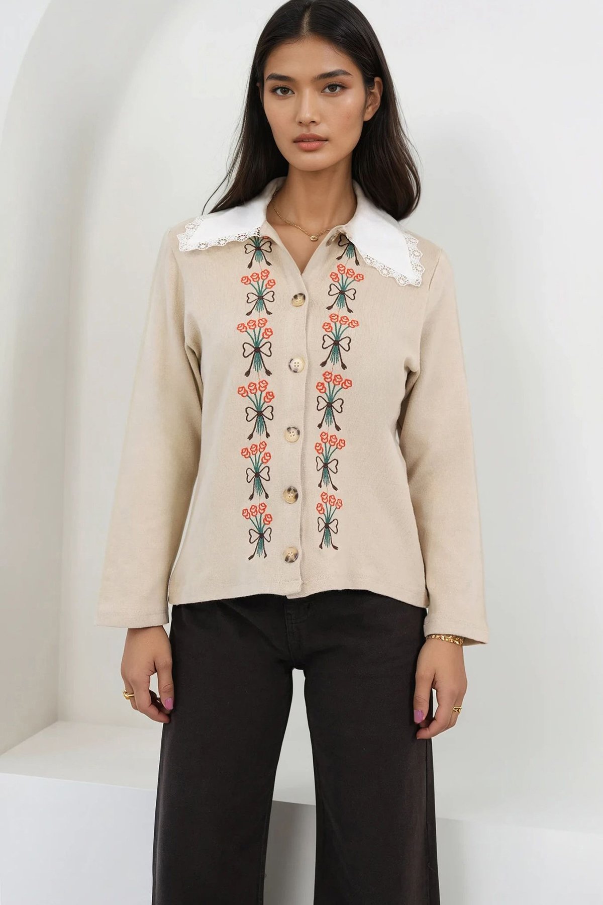 Kadın Taş Dantelli Gömlek Yaka Nakışlı Triko Hırka Alc-X14844