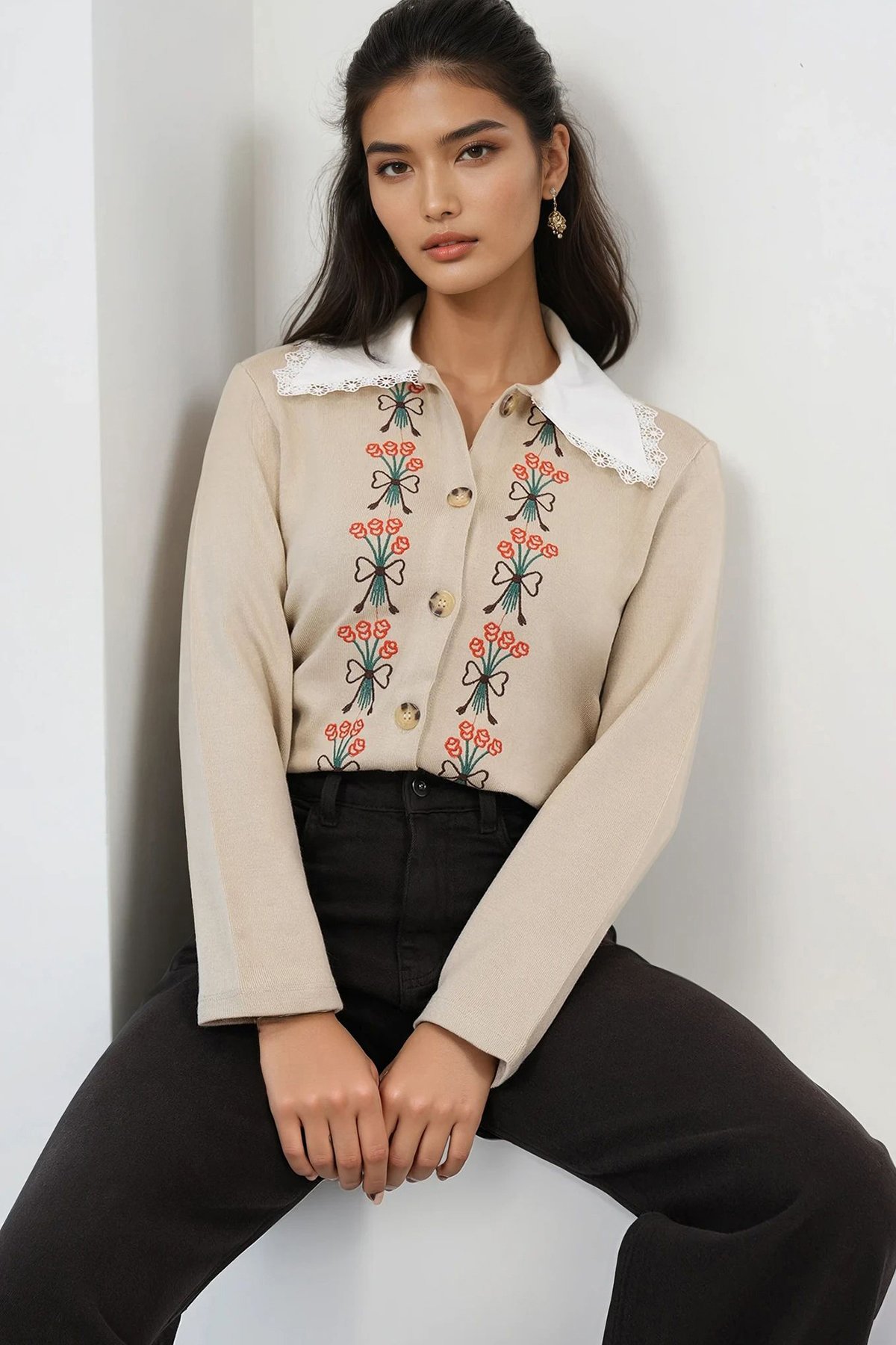 Kadın Taş Dantelli Gömlek Yaka Nakışlı Triko Hırka Alc-X14844