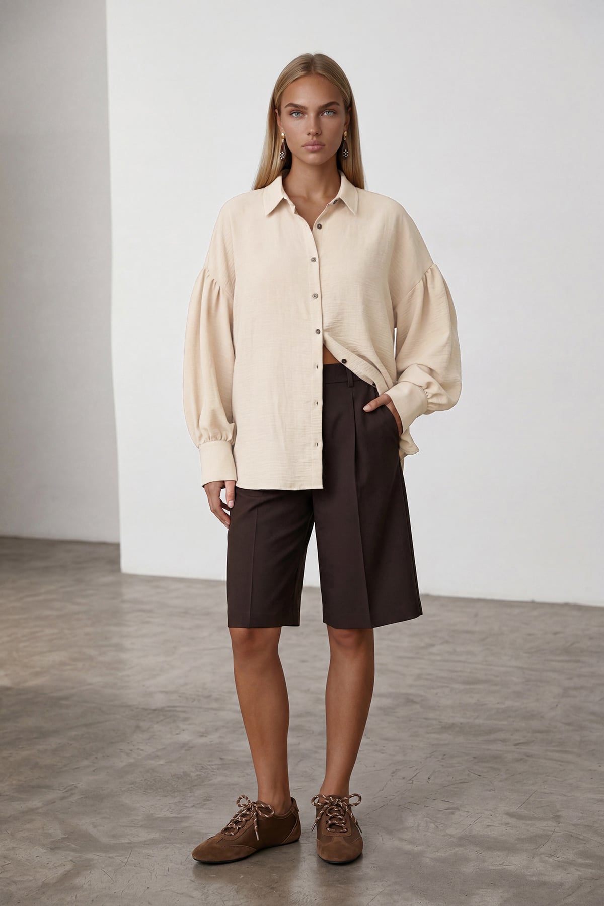 Kadın Vanilya Balon Kol Geniş Manşetli Oversize Keten Gömlek Alc-X15426