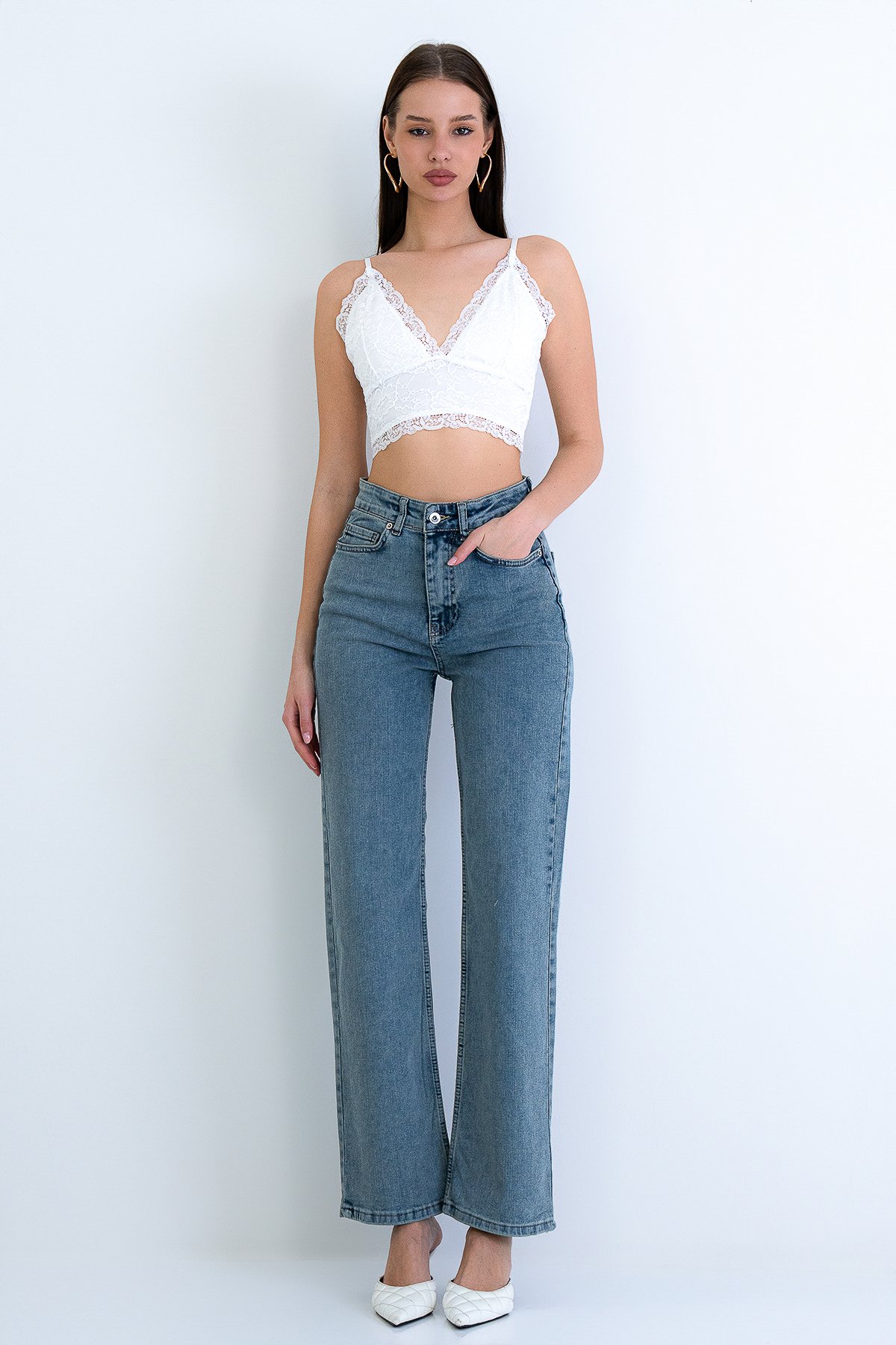 Kadın Vintage Mavi Yüksek Bel Geniş Paça Jean Pantolon Alc-X15158