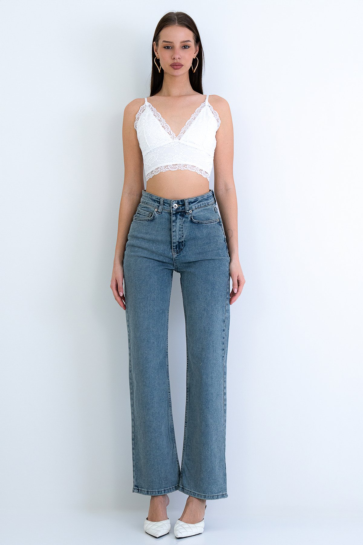 Kadın Vintage Mavi Yüksek Bel Geniş Paça Jean Pantolon Alc-X15158