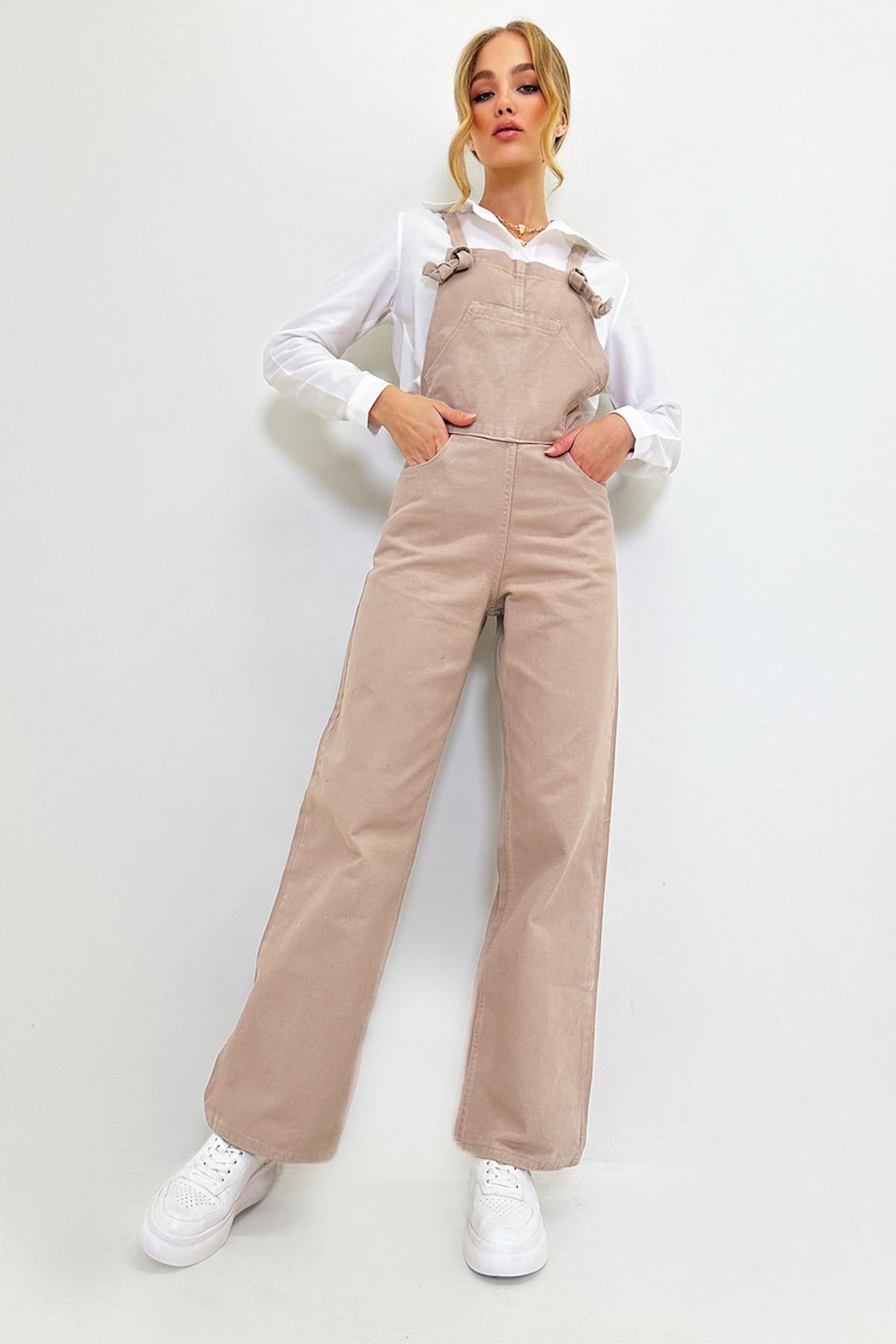 Kadın Bej Kanguru Cepli Denim Bahçıvan Salopet ALC-X9072