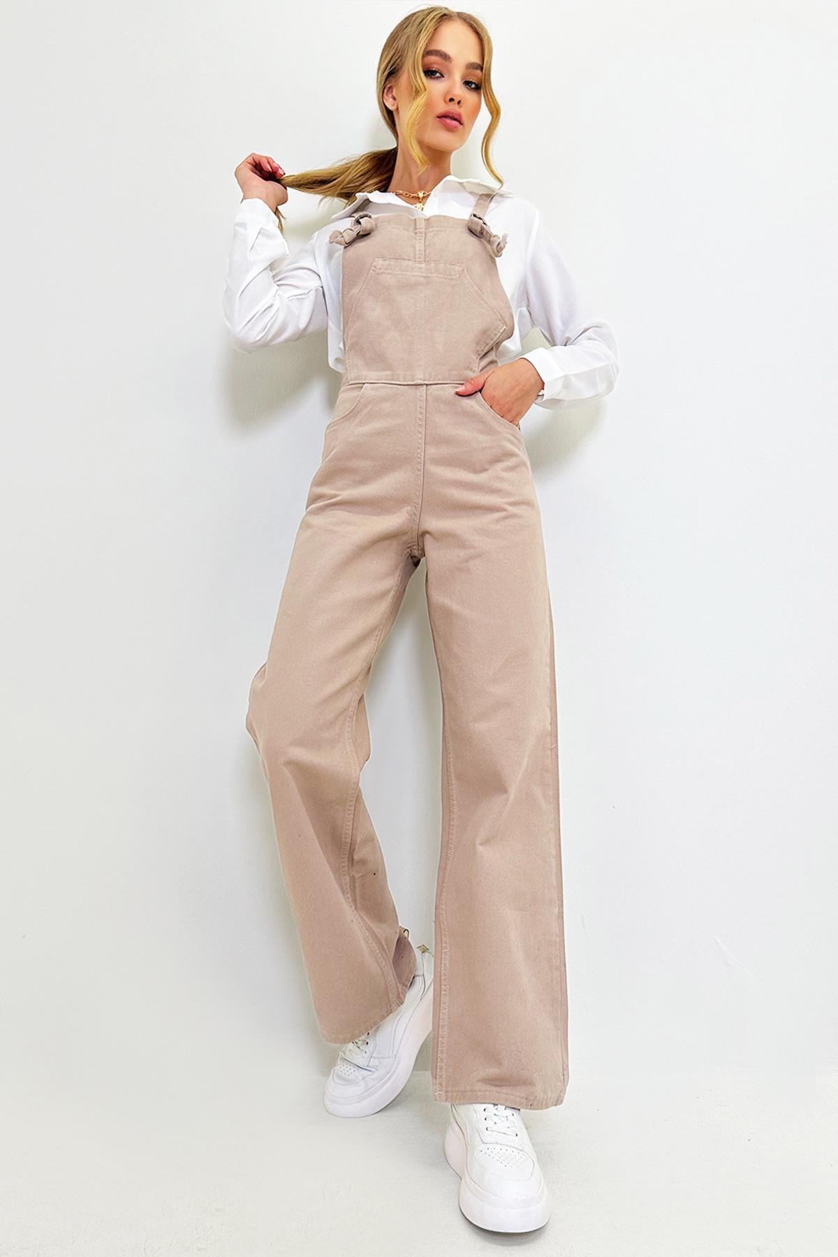 Kadın Bej Kanguru Cepli Denim Bahçıvan Salopet ALC-X9072