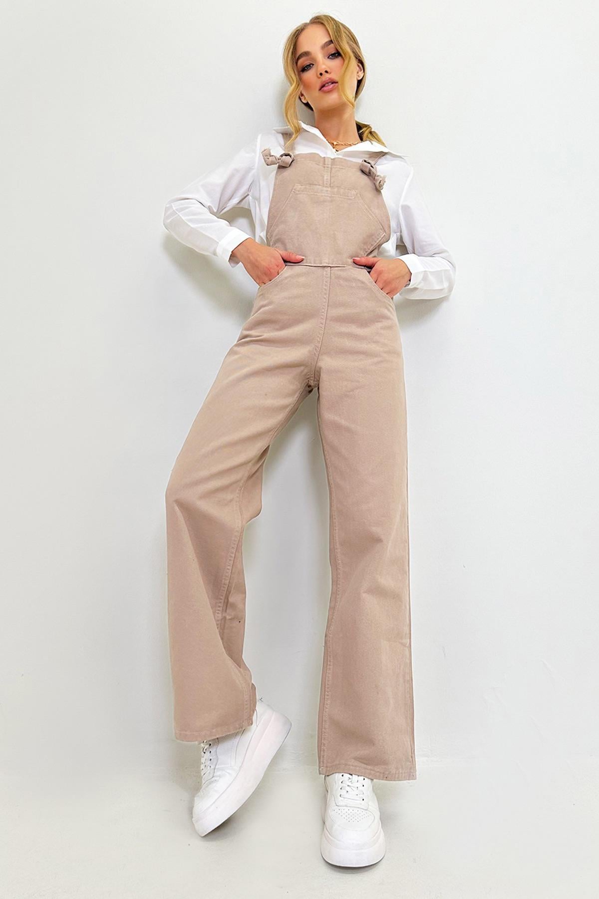 Kadın Bej Kanguru Cepli Denim Bahçıvan Salopet ALC-X9072