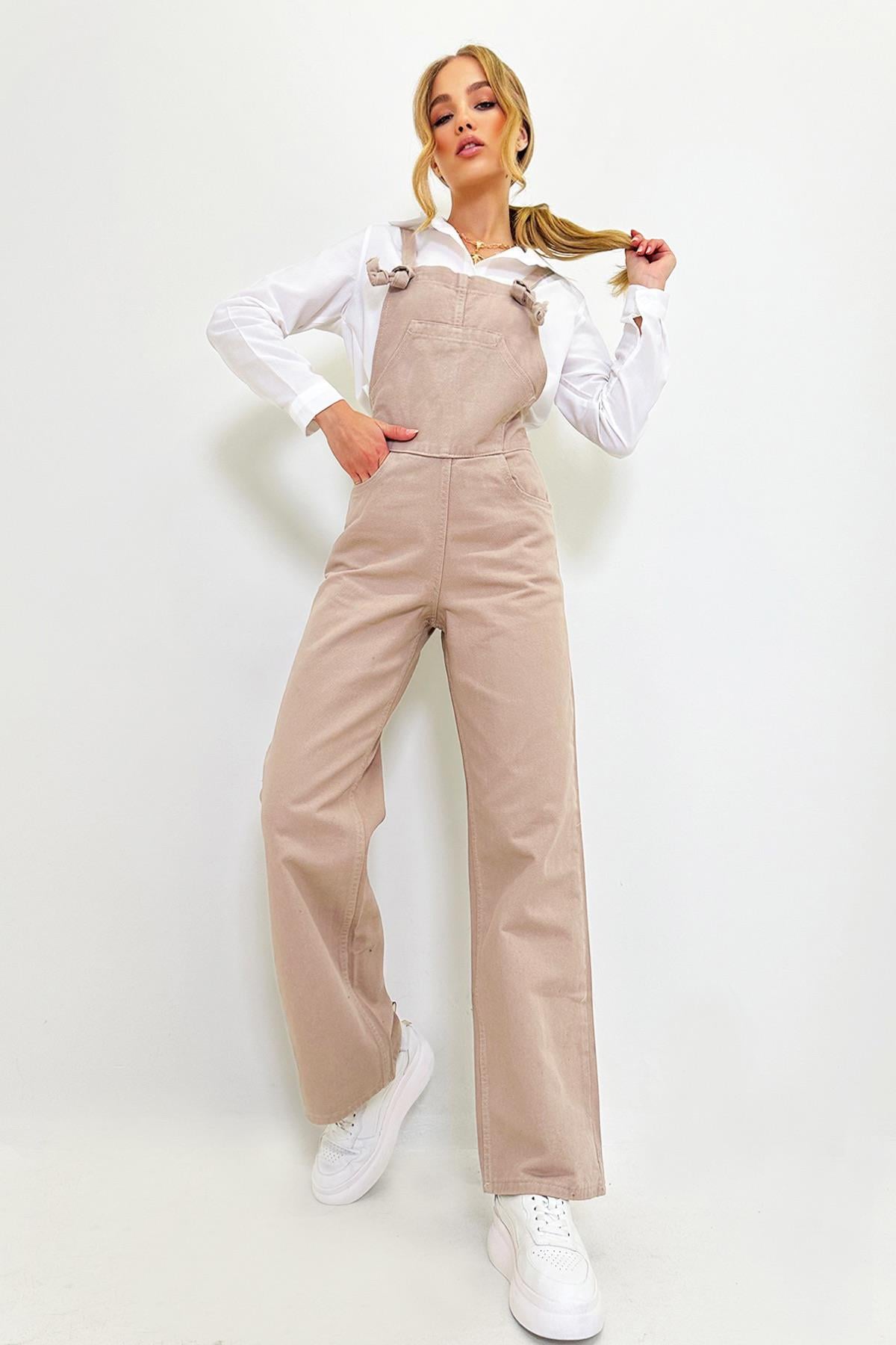 Kadın Bej Kanguru Cepli Denim Bahçıvan Salopet ALC-X9072