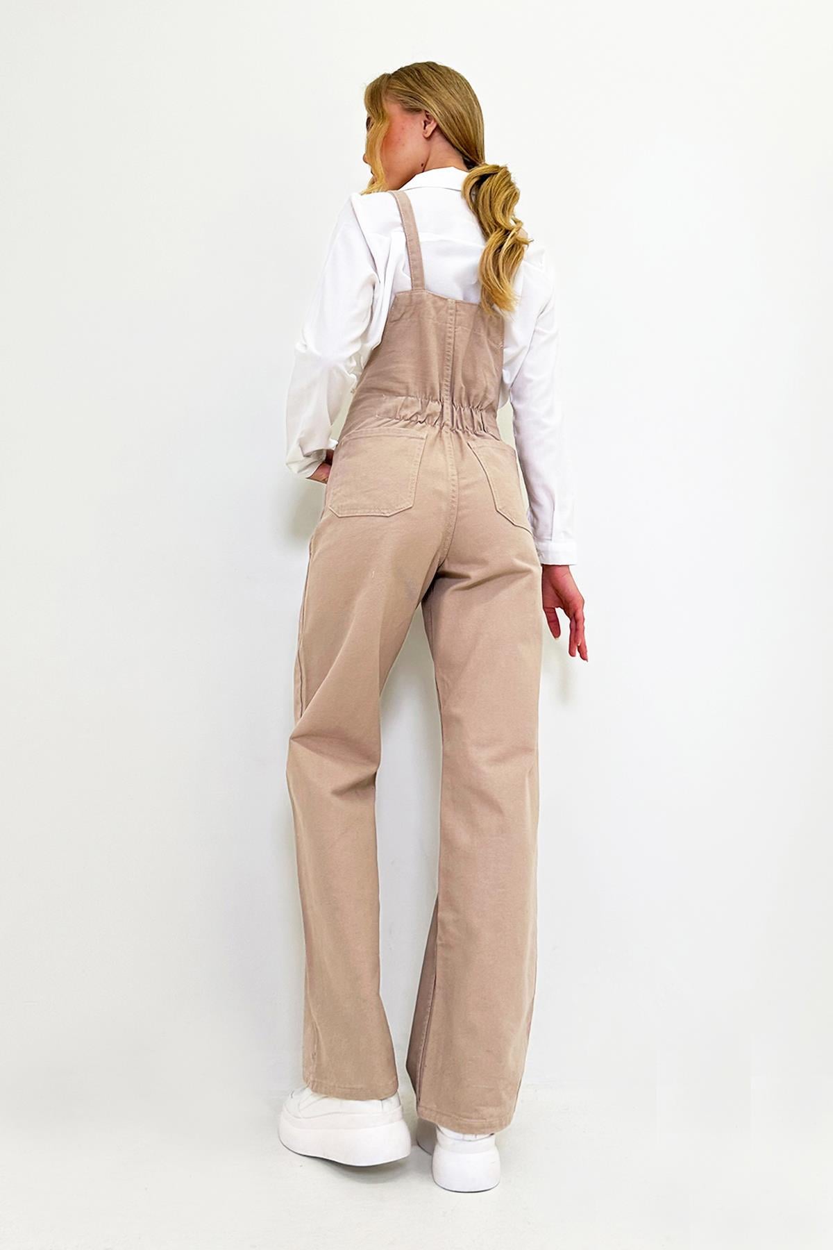 Kadın Bej Kanguru Cepli Denim Bahçıvan Salopet ALC-X9072