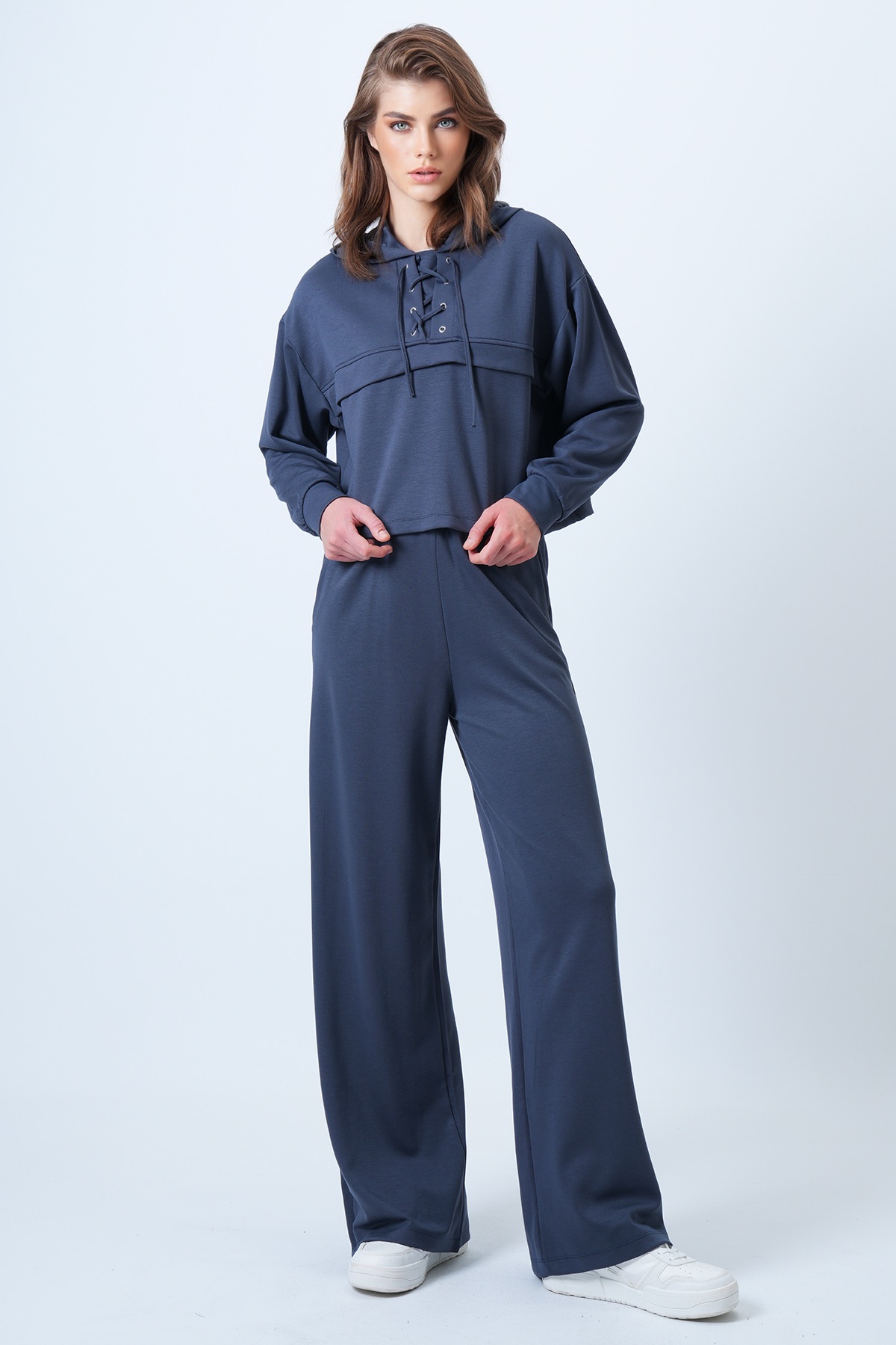 Kadın Antrasit Kapşonlu Kuş Gözlü Sweat Ve Palazo Pantolon Modal Takım VS01174