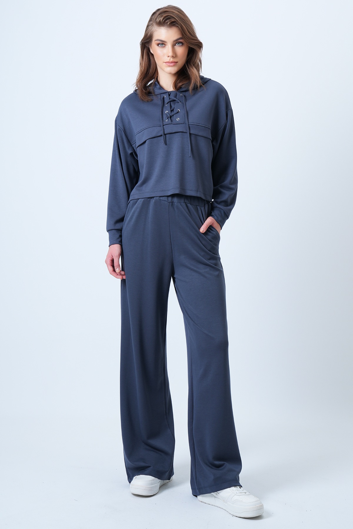 Kadın Antrasit Kapşonlu Kuş Gözlü Sweat Ve Palazo Pantolon Modal Takım VS01174