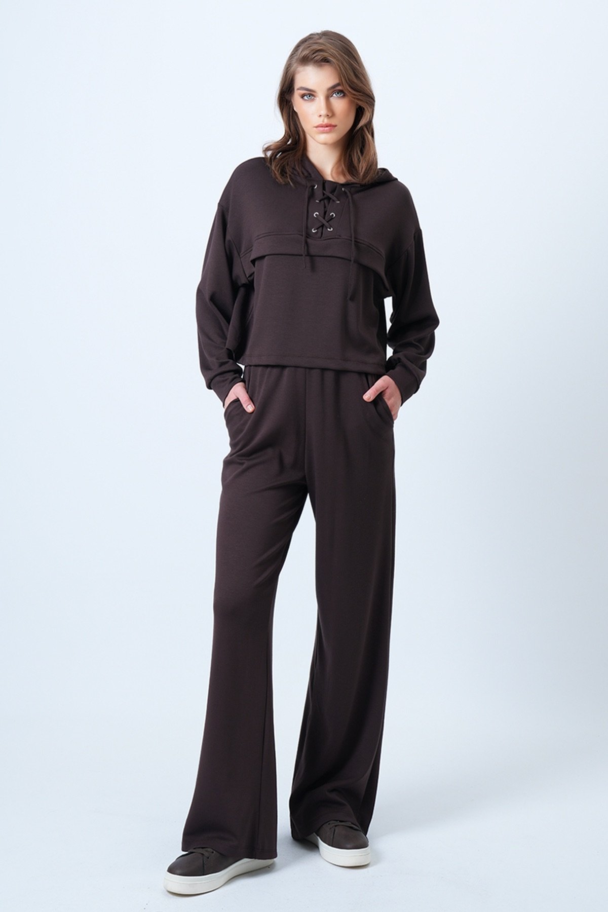 Kadın Kahverengi Kapşonlu Kuş Gözlü Sweat Ve Palazo Pantolon Modal Takım VS01174