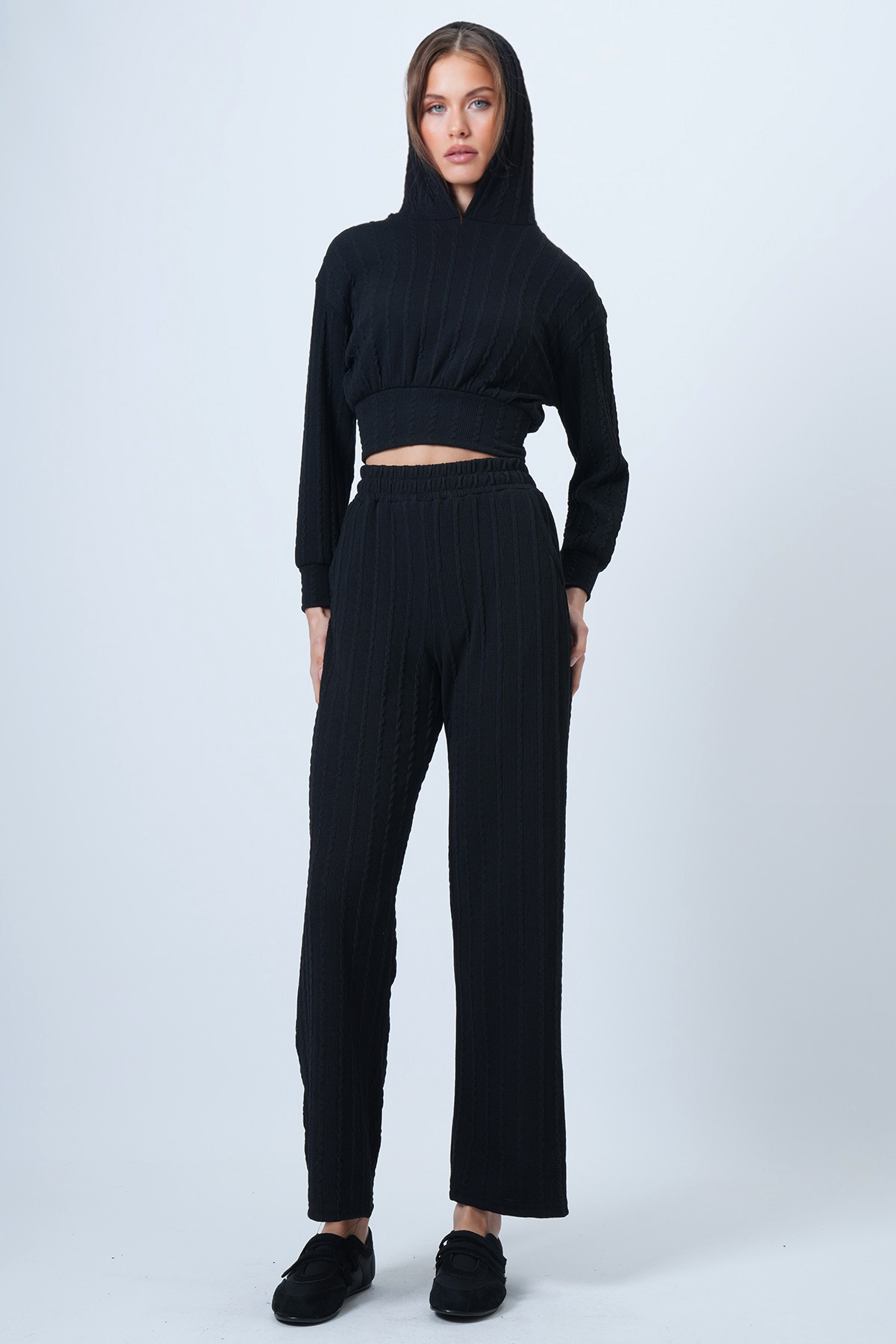 Kadın Siyah Kapüşonlu Ajurlu Triko Sweat Ve Beli Lastikli Palazzo Pantolon VS01318