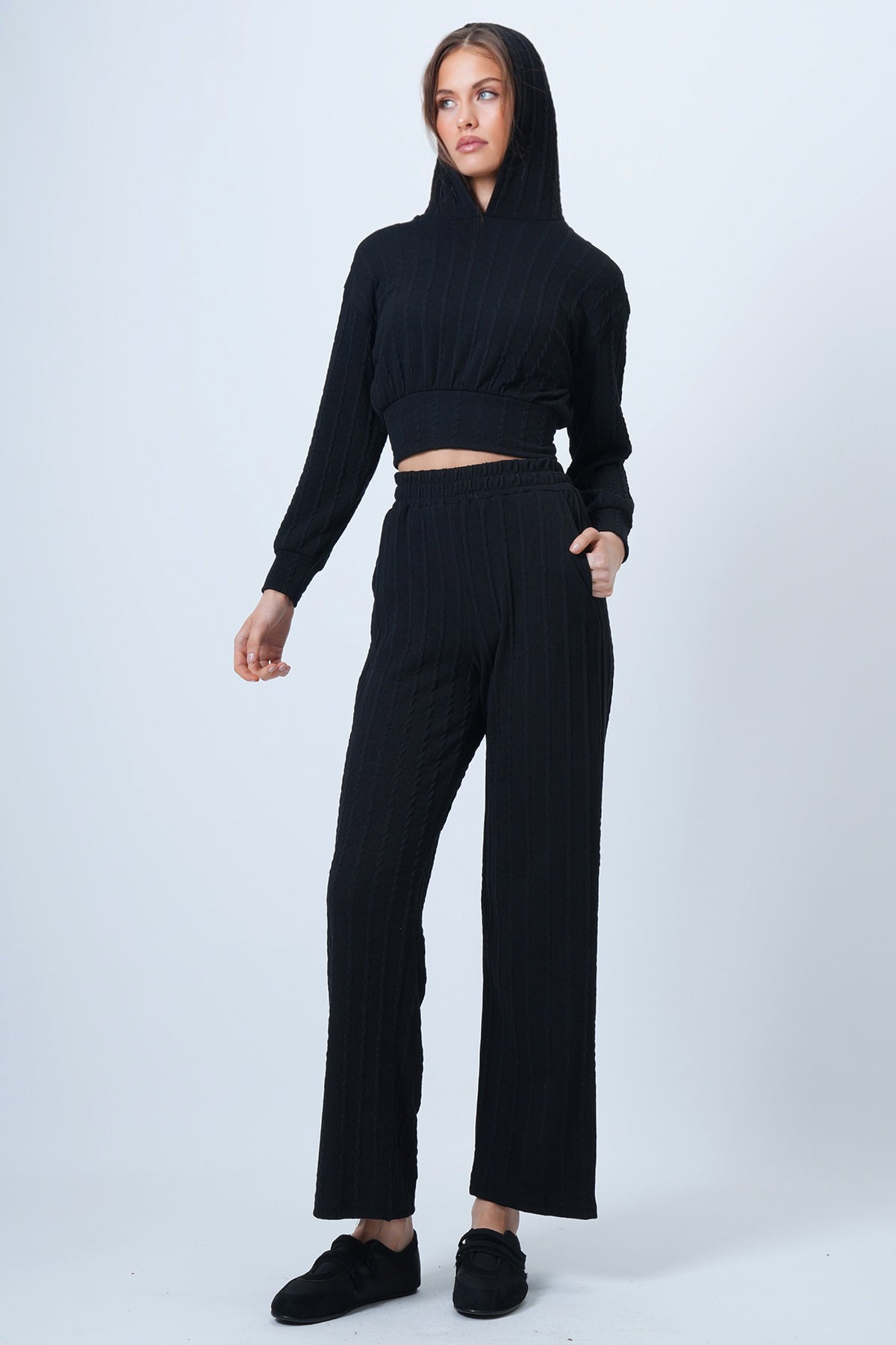 Kadın Siyah Kapüşonlu Ajurlu Triko Sweat Ve Beli Lastikli Palazzo Pantolon VS01318
