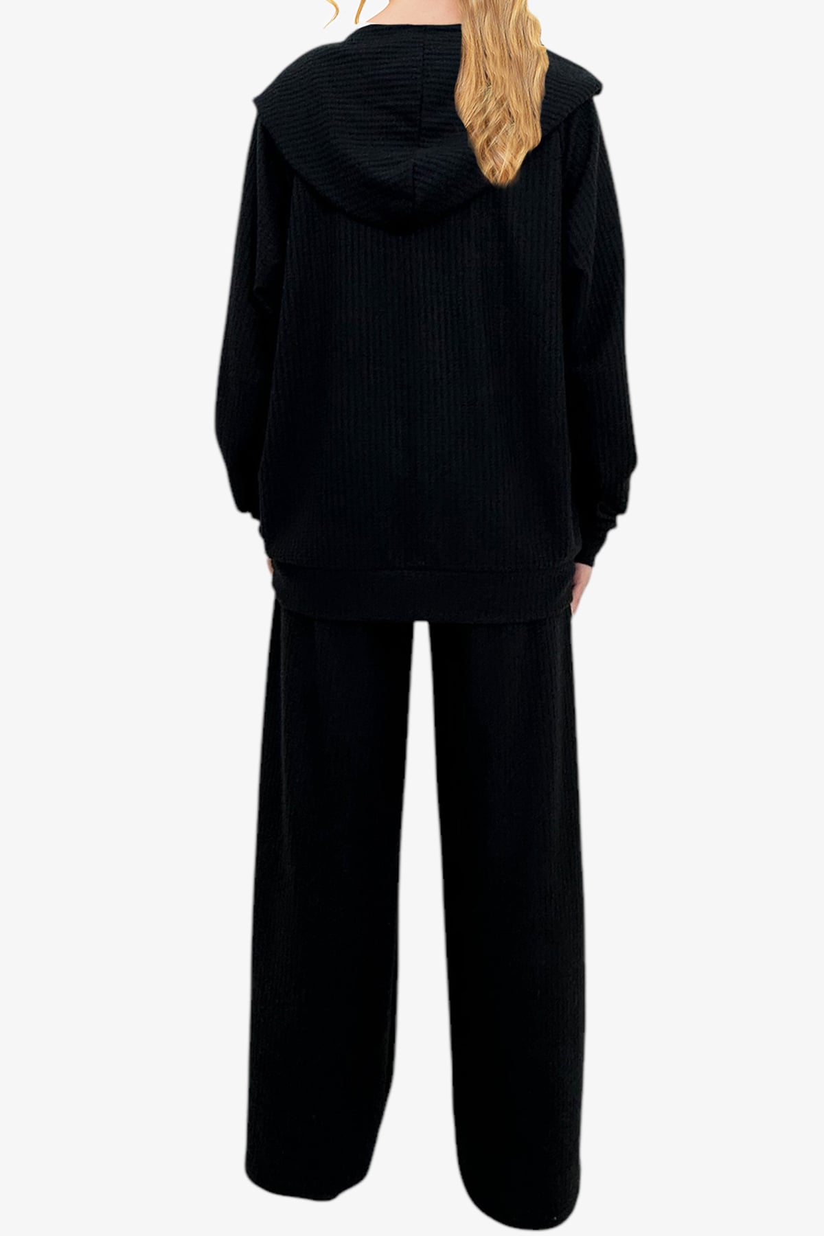 Kadın Siyah Kapüşonlu Çıtçıtlı Oversize Sweatshirt Ve Pantolonlu Alt Üst Takım ALC-X12476