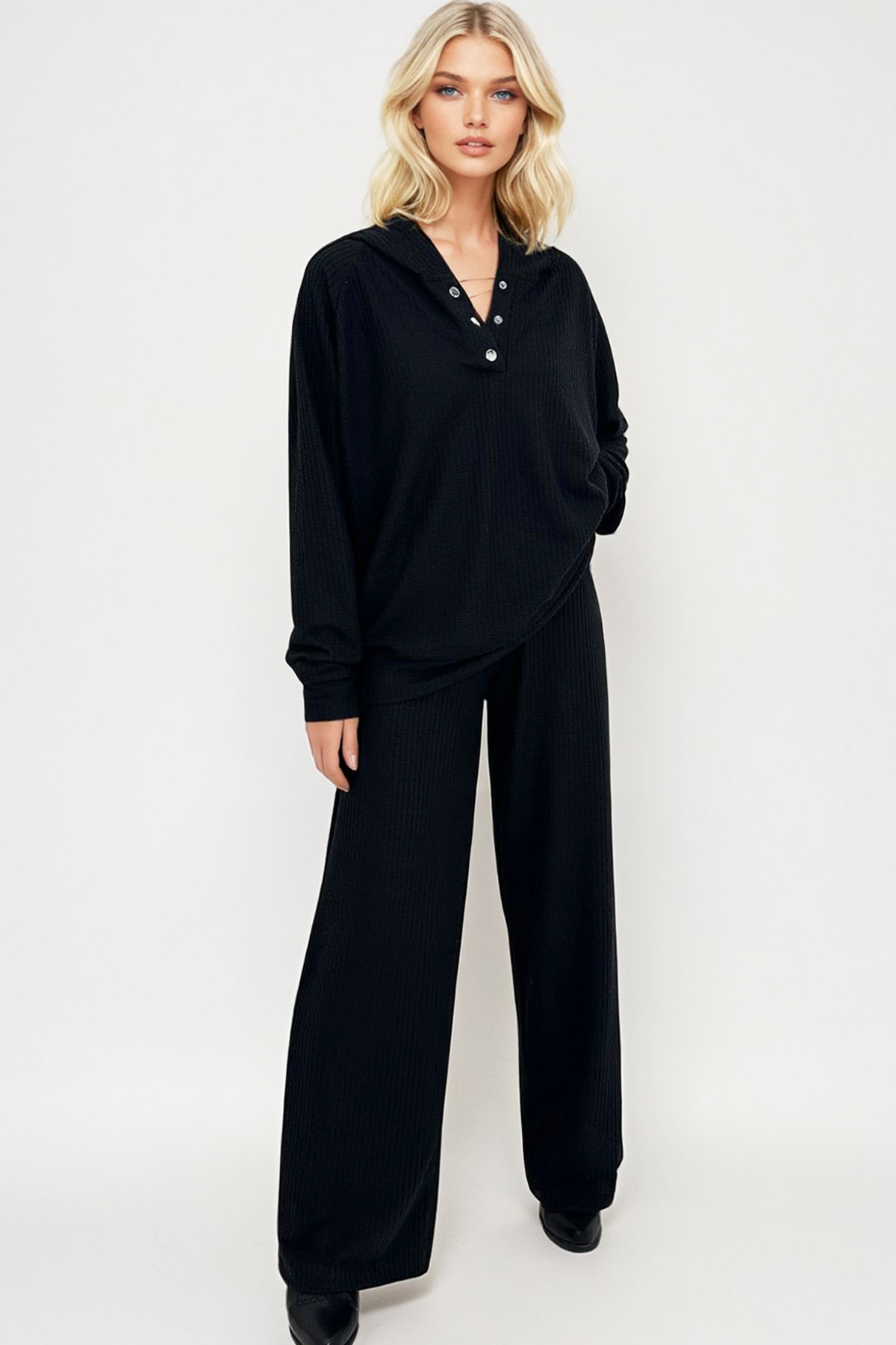 Kadın Siyah Kapüşonlu Çıtçıtlı Oversize Sweatshirt Ve Pantolonlu Alt Üst Takım ALC-X12476