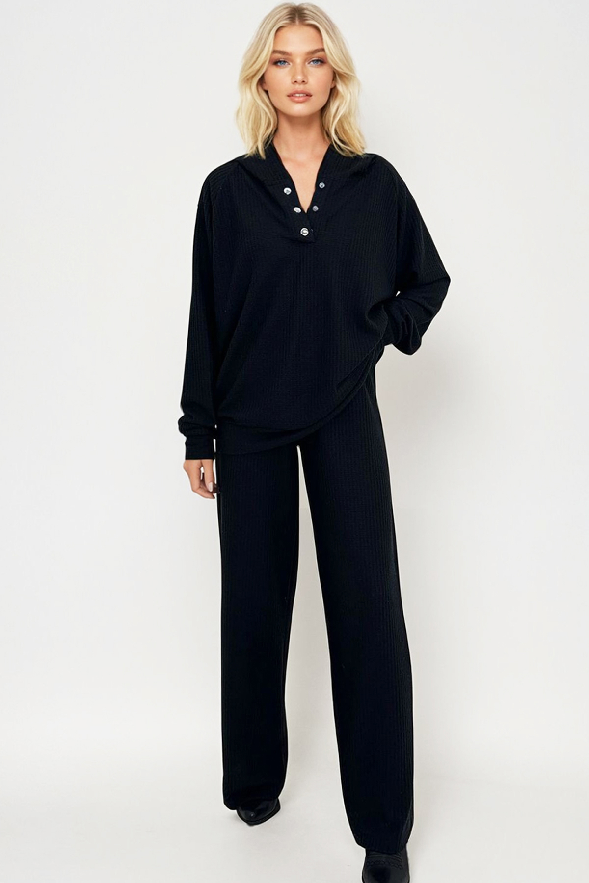 Kadın Siyah Kapüşonlu Çıtçıtlı Oversize Sweatshirt Ve Pantolonlu Alt Üst Takım ALC-X12476