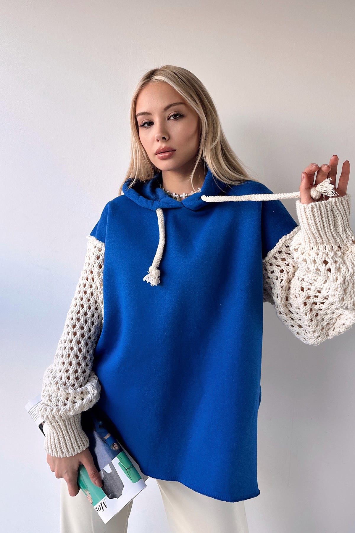 Kadın Saks Kapüşonlu File Örgü Kol Bağcıklı 3 İplik Sweatshirt VS00943