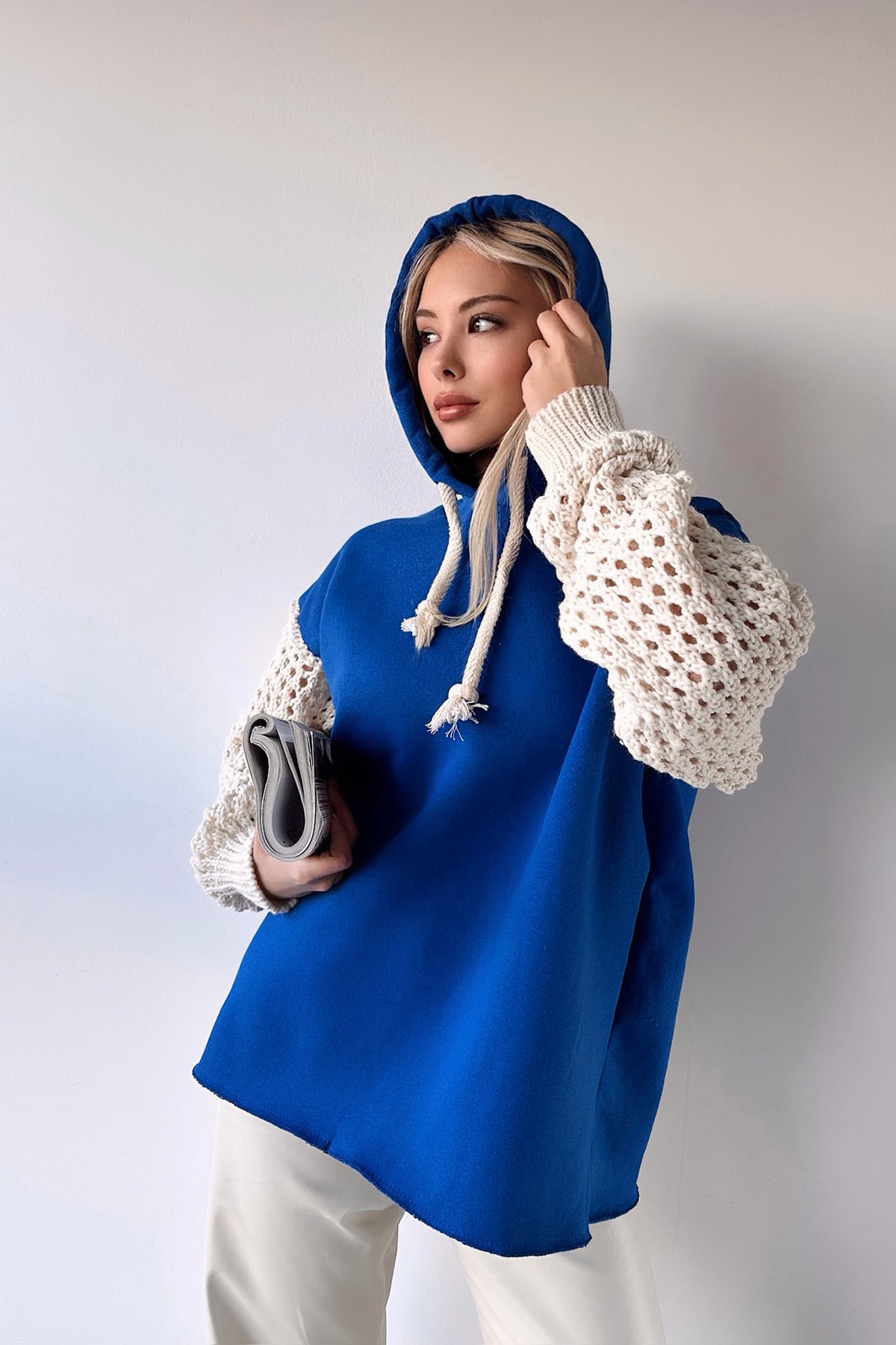 Kadın Saks Kapüşonlu File Örgü Kol Bağcıklı 3 İplik Sweatshirt VS00943