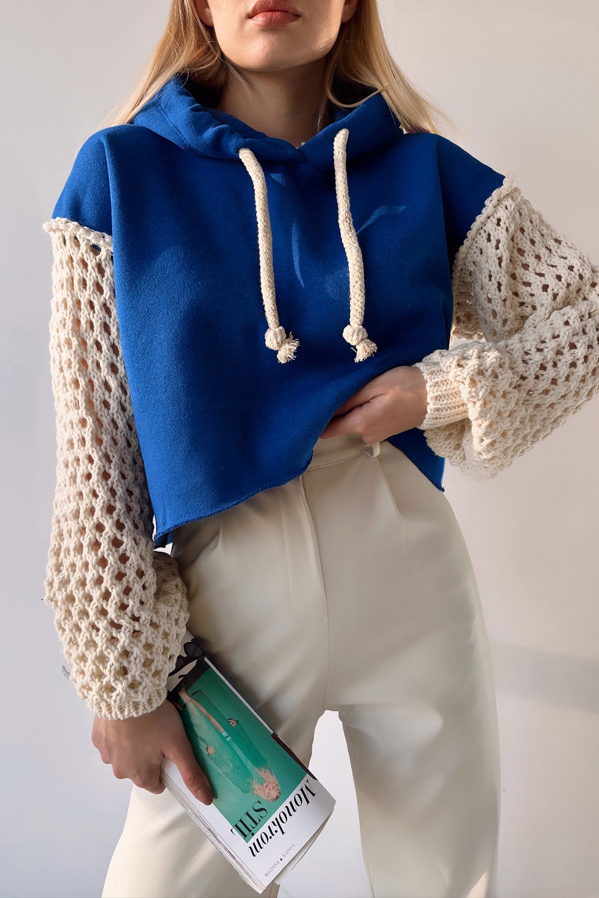 Kadın Saks Kapüşonlu File Örgü Kol Bağcıklı Crop Sweatshirt VS00939