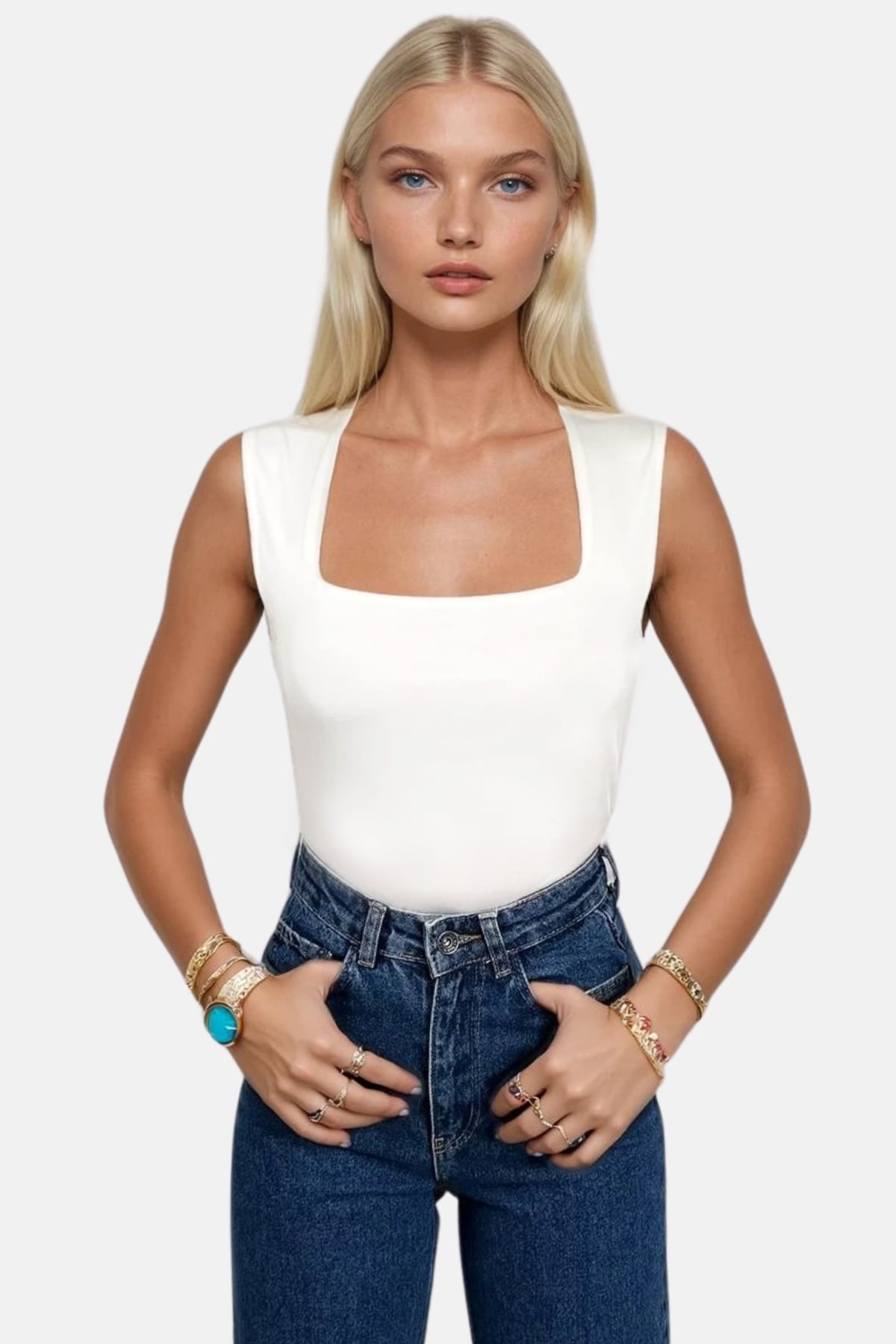 Kadın Beyaz Kare Yaka Kalın Askılı Sandy Bluz ALC-X13449