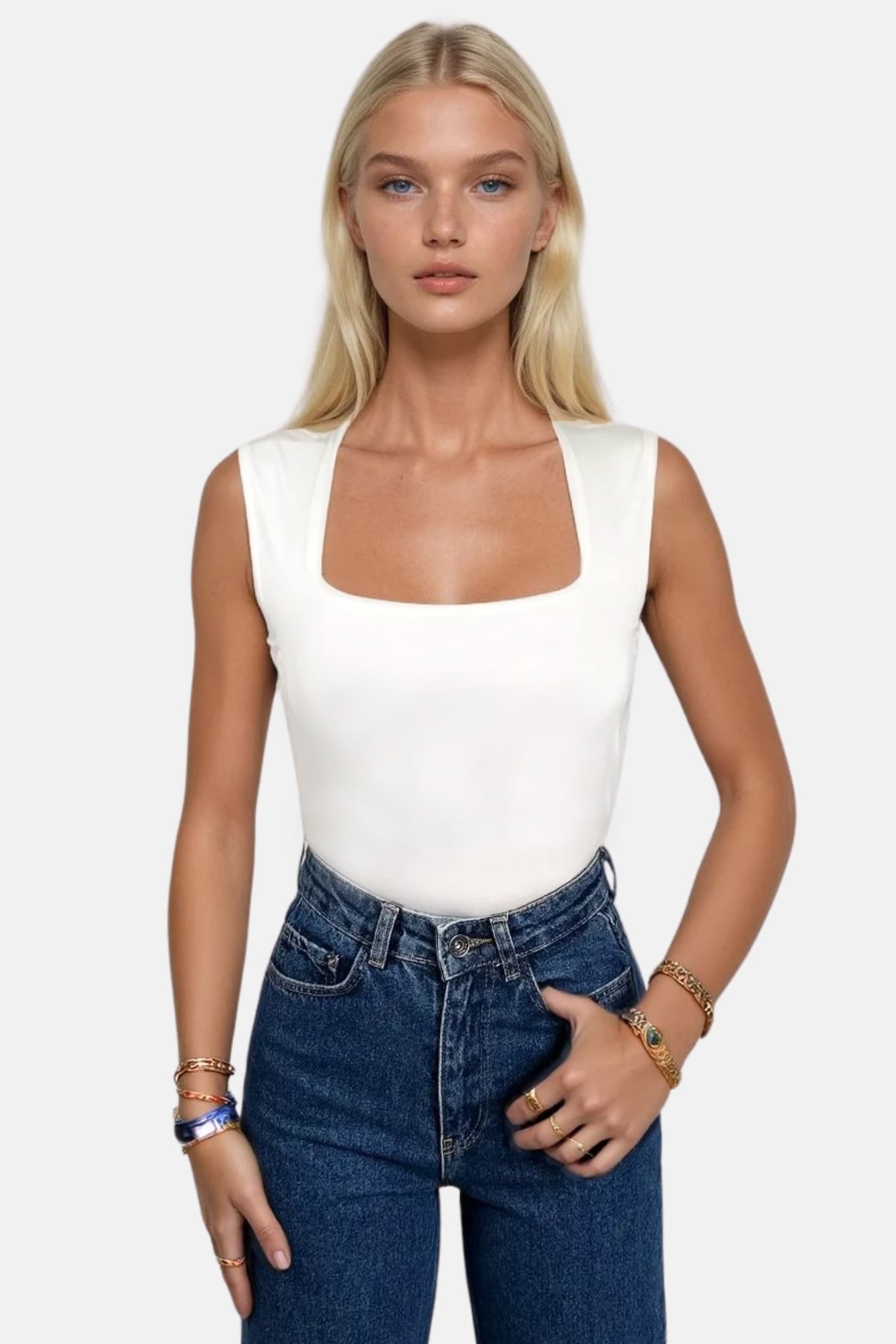 Kadın Beyaz Kare Yaka Kalın Askılı Sandy Bluz ALC-X13449