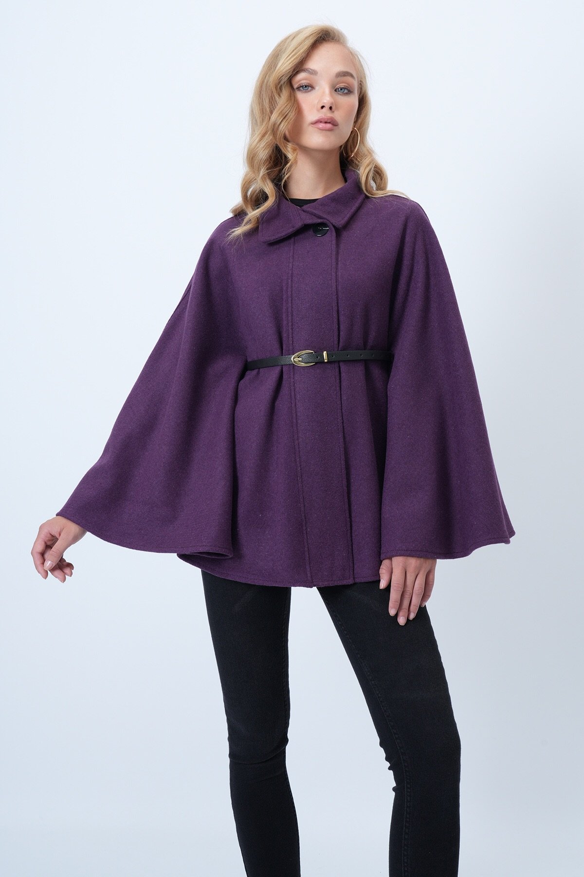 Kadın Mor Kemer Detaylı Kaşe Pelerin Kaban ALC-X14529