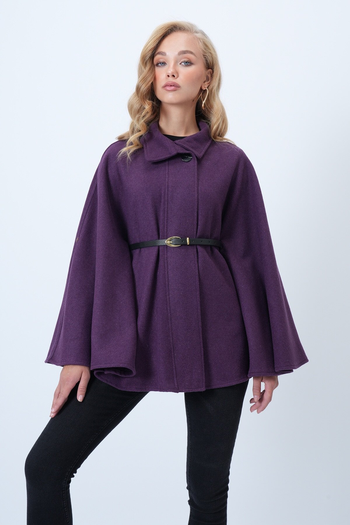 Kadın Mor Kemer Detaylı Kaşe Pelerin Kaban ALC-X14529